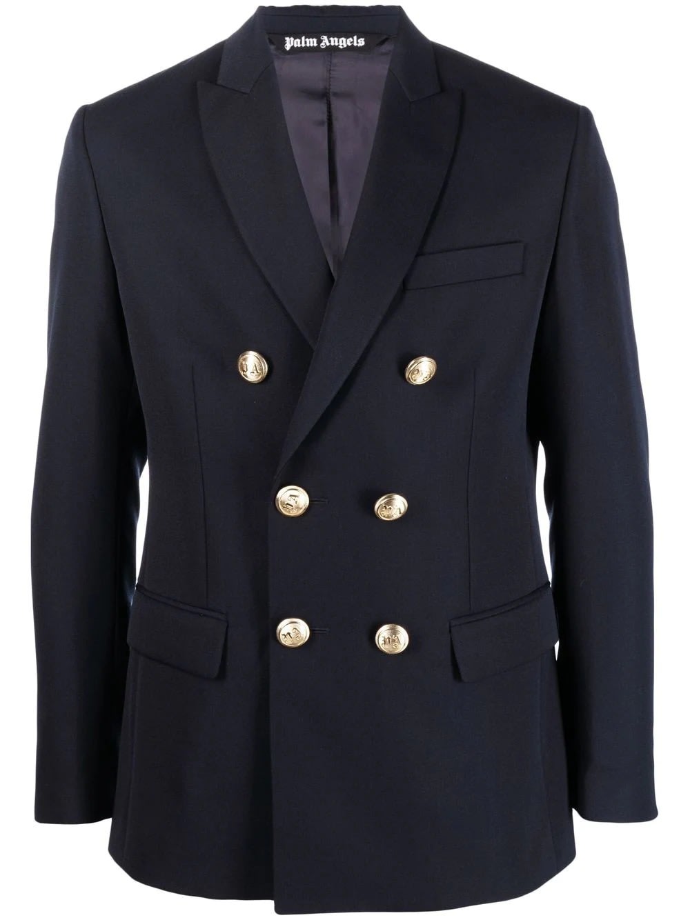 Palm Angels Navy Blue Double Breasted Blazer With Embroidered Palms