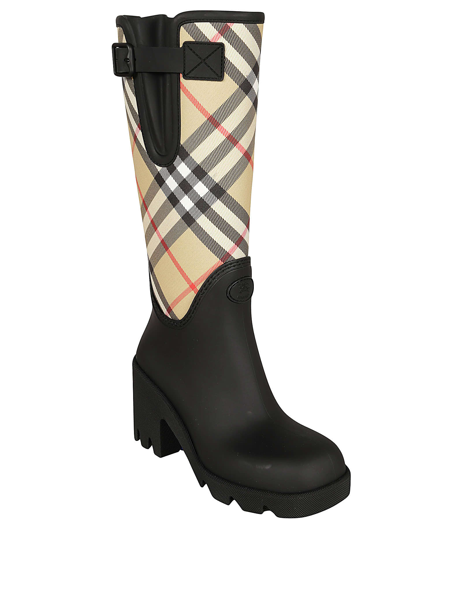 Burberry Woven Check Rain Boots With Adjustable Buckle And Equestrian Design In Black