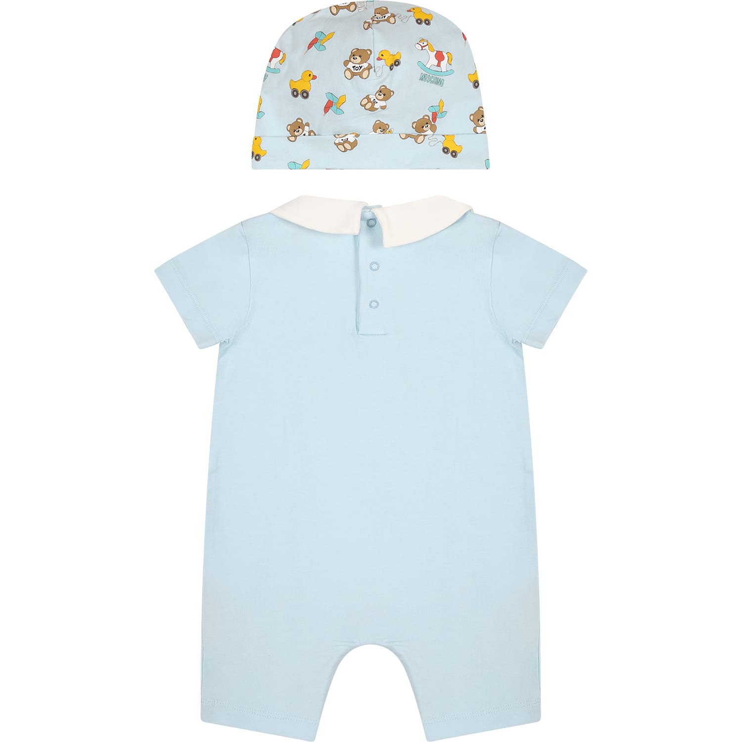 Shop Moschino Light Blue Romper For Baby Boy With Teddy Bear
