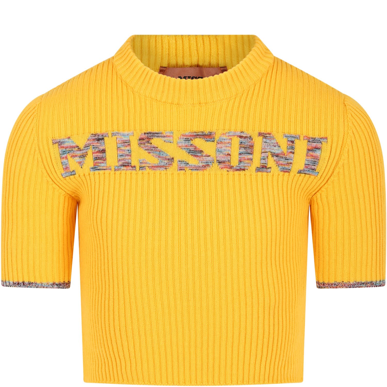 Missoni Kids' Yellow Sweater For Girl With Multicolor Embroidered Logo