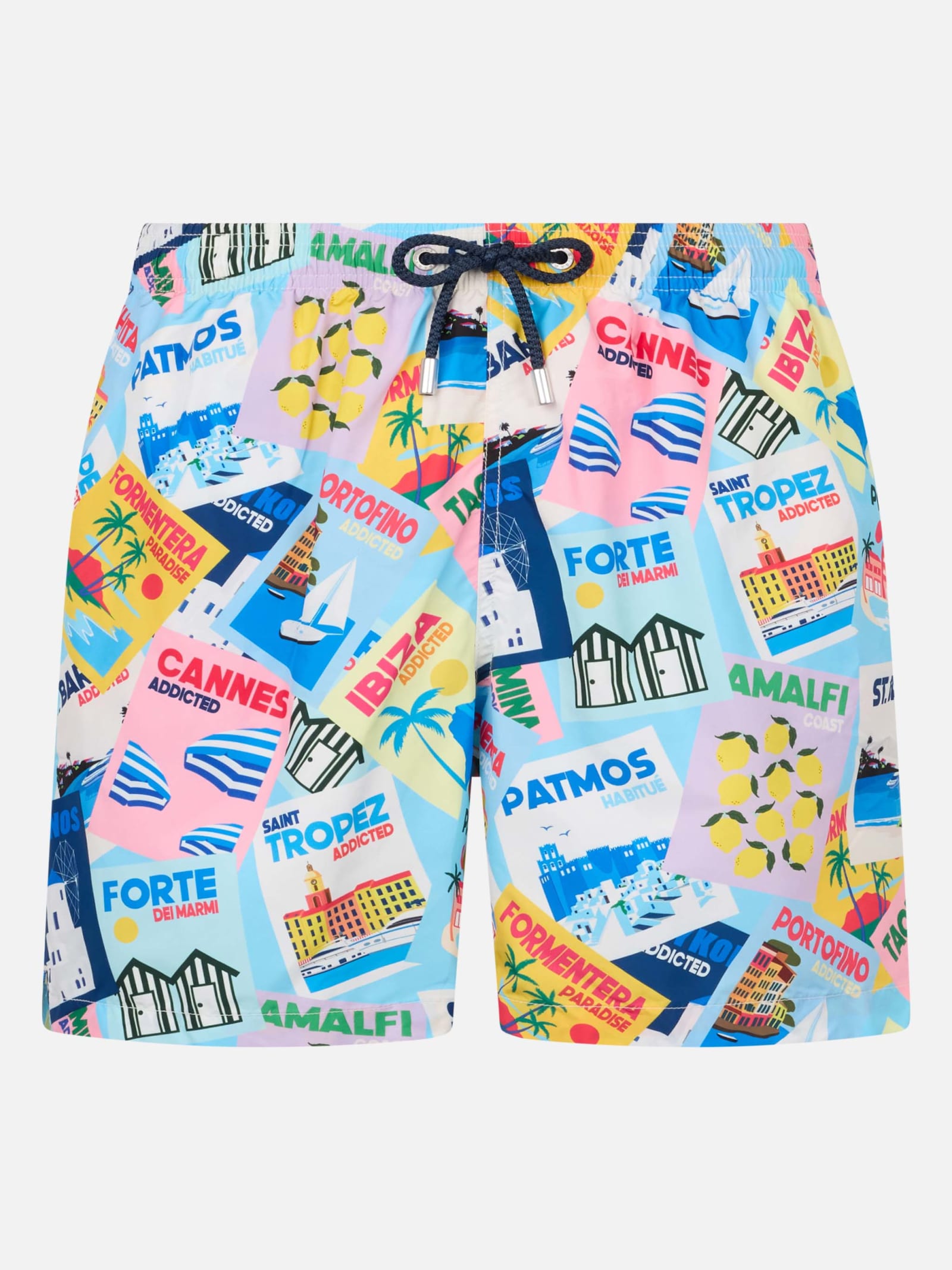 Mc2 Saint Barth Man Lightweight Fabric Swim-shorts Lighting With Postcard Print In Blue