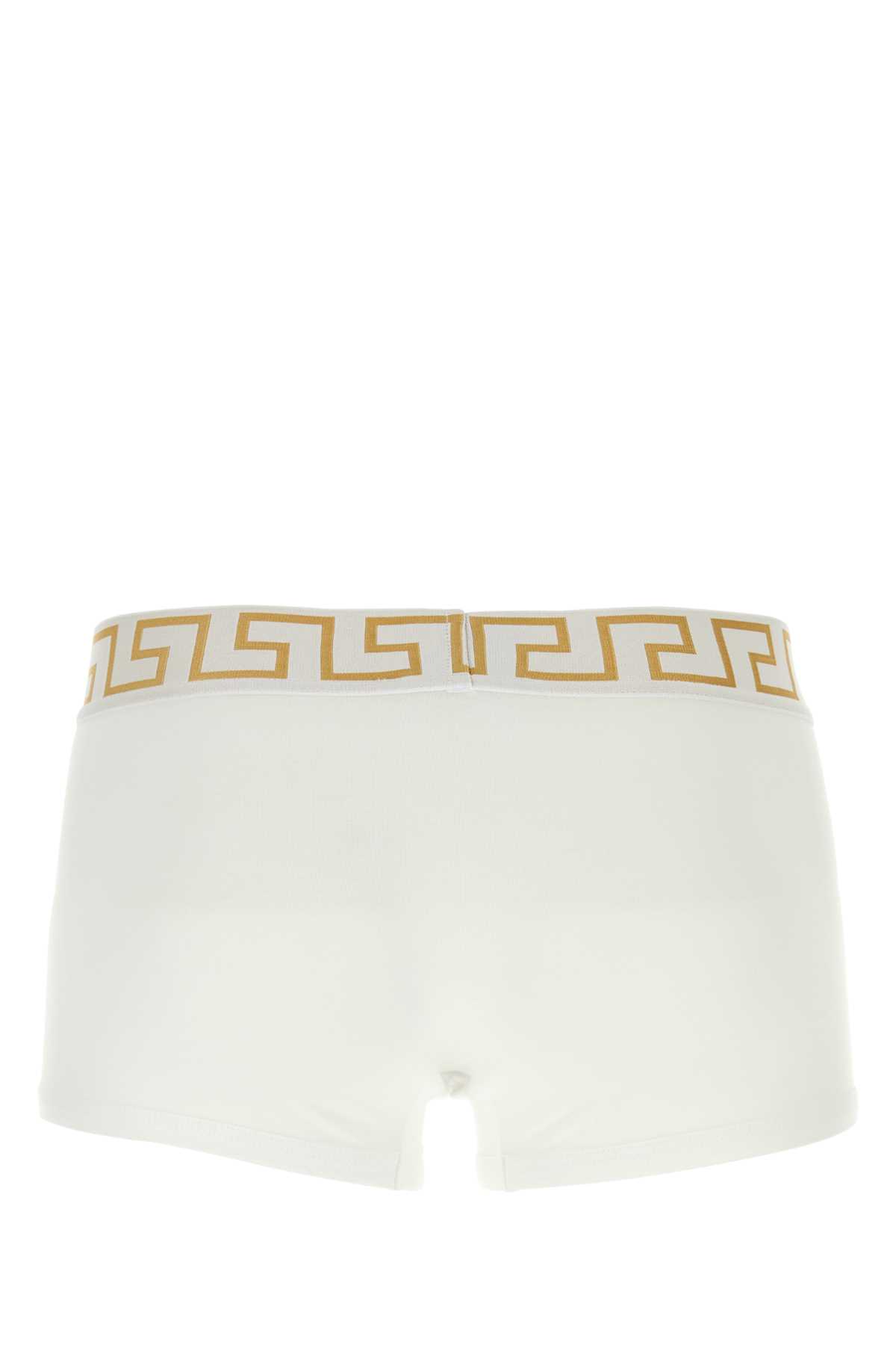 Versace Stretch Cotton Boxer Shorts With Greek Motif In Whitegreekgold
