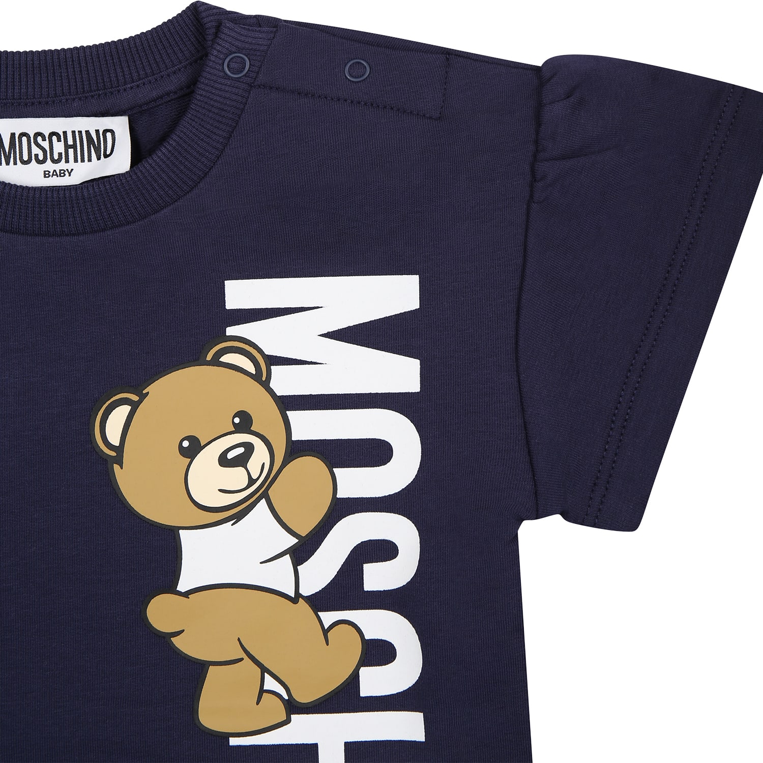 Moschino Blue Dress For Baby Girl With Teddy Bear And Logo In Blue