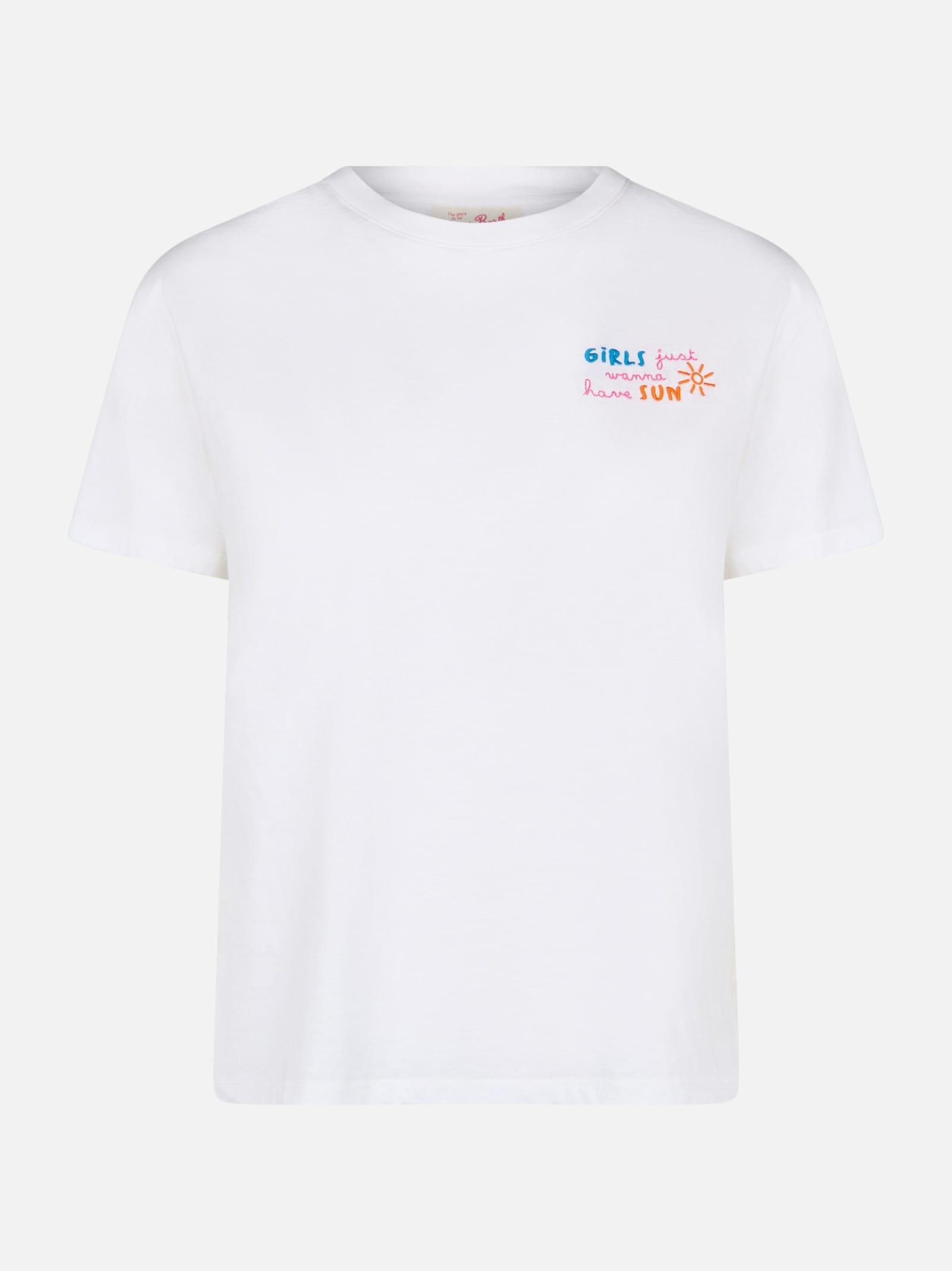 Mc2 Saint Barth Woman Cotton Jersey Crewneck T-shirt Emilie With Girls Just Wanna Have Sun Embroidery In White