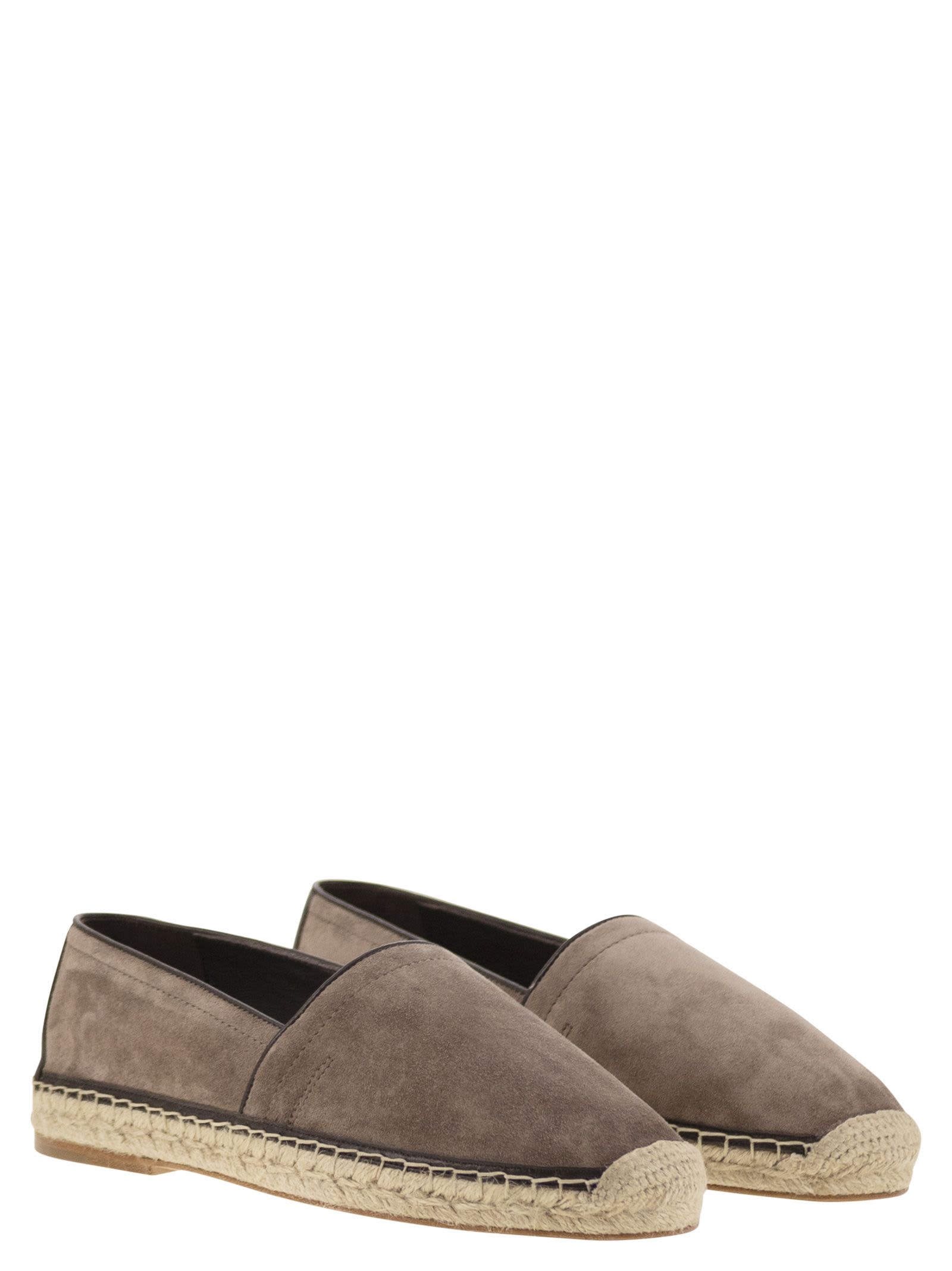 Brunello Cucinelli Round Toe Suede Espadrilles With Jute Sole In Turtledove
