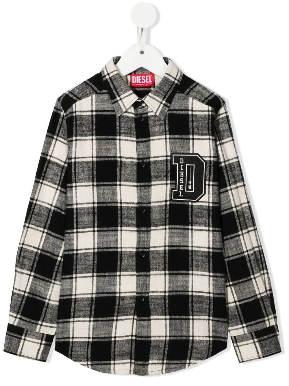 Diesel Kids White Shirt With Check Pattern And Dsl Brave Print