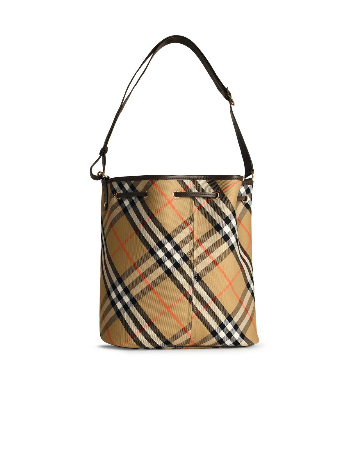 Shop Burberry Check Bucket Bag In Beige Cotton Blend In Sand