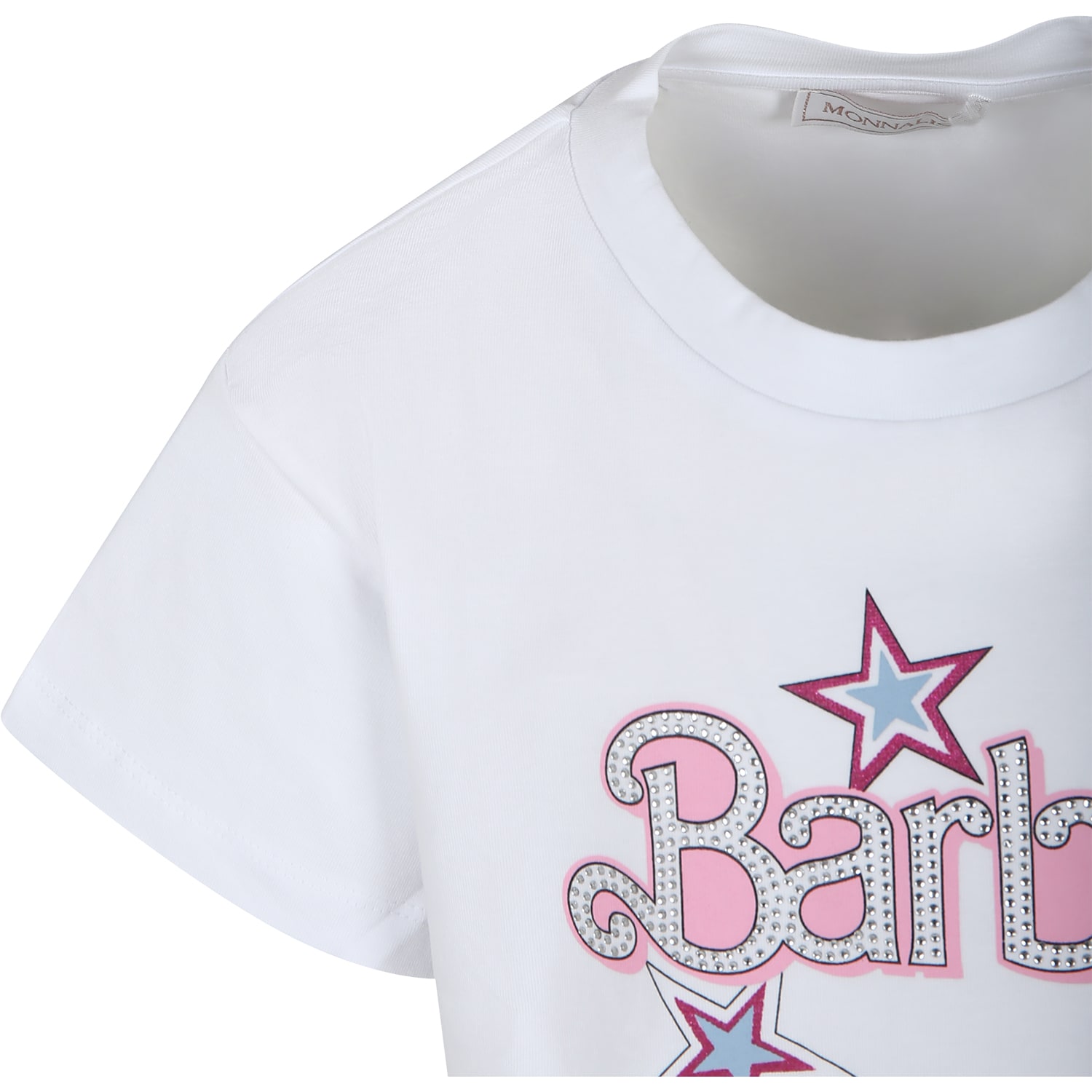 Shop Monnalisa White Crop T-shirt For Girl With Writing And Rhinestone