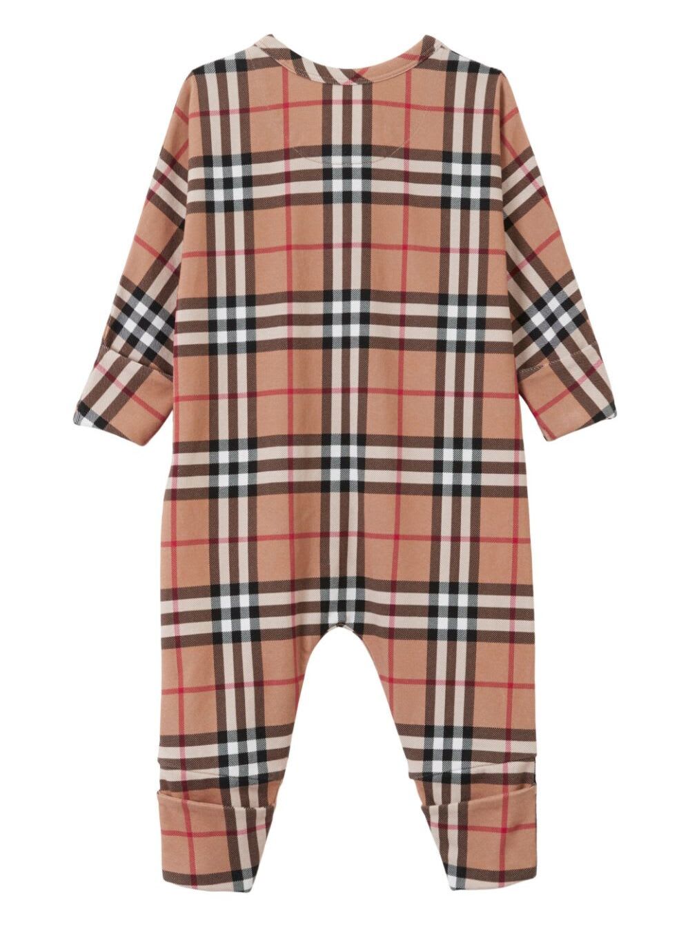 BURBERRY CLAUDE BEIGE ONESIE WITH VINTAGE CHECK MOTIF AND ZIP IN STRETCH COTTON BABY