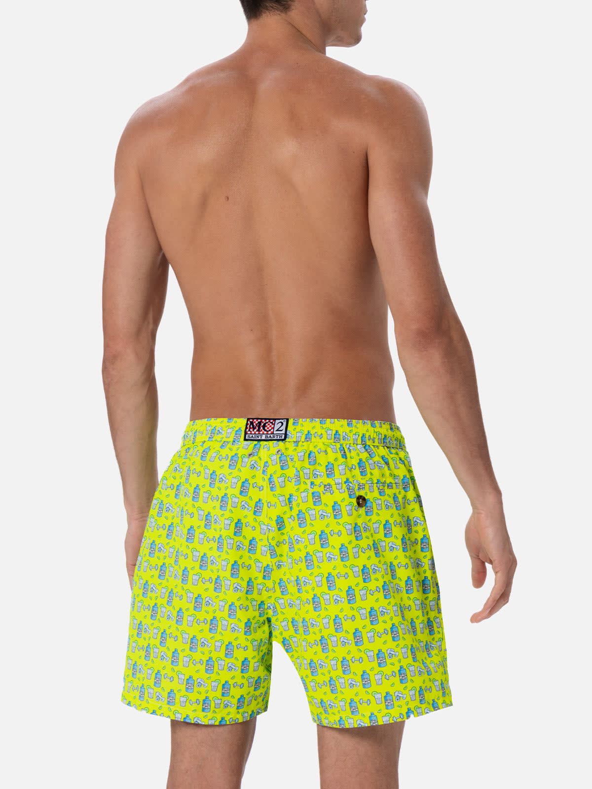 Mc2 Saint Barth Man Lightweight Fabric Swim-shorts Lighting Micro Fantasy With Gym And Gin Print In Yellow