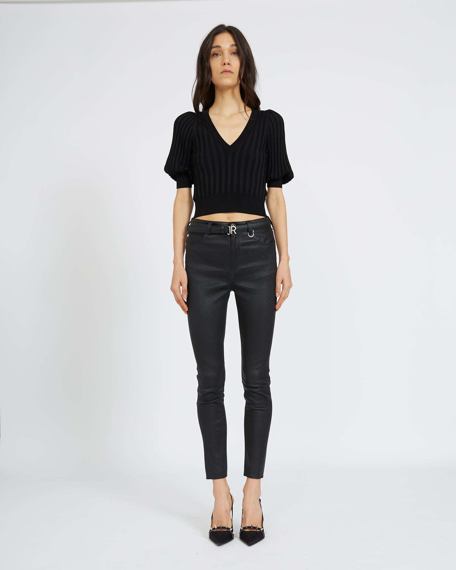 Shop John Richmond Crop Top With Puff Sleeves In Nero