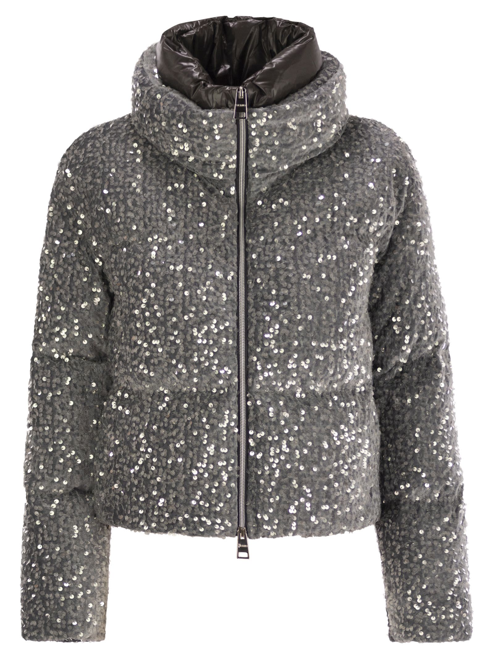 Shop Herno Short Down Jacket With Sequins In Grey