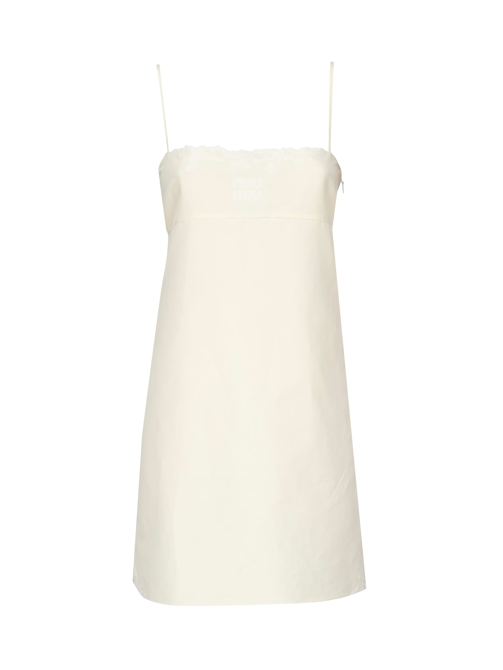 Miu Miu Short Dress In Flamed Canvas With Embroidery In White