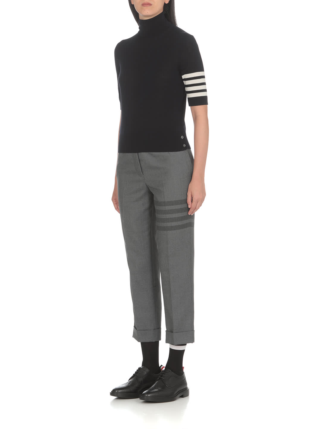 Thom Browne Black Short Sleeve Sweater With 4-bar Detail In Wool Woman