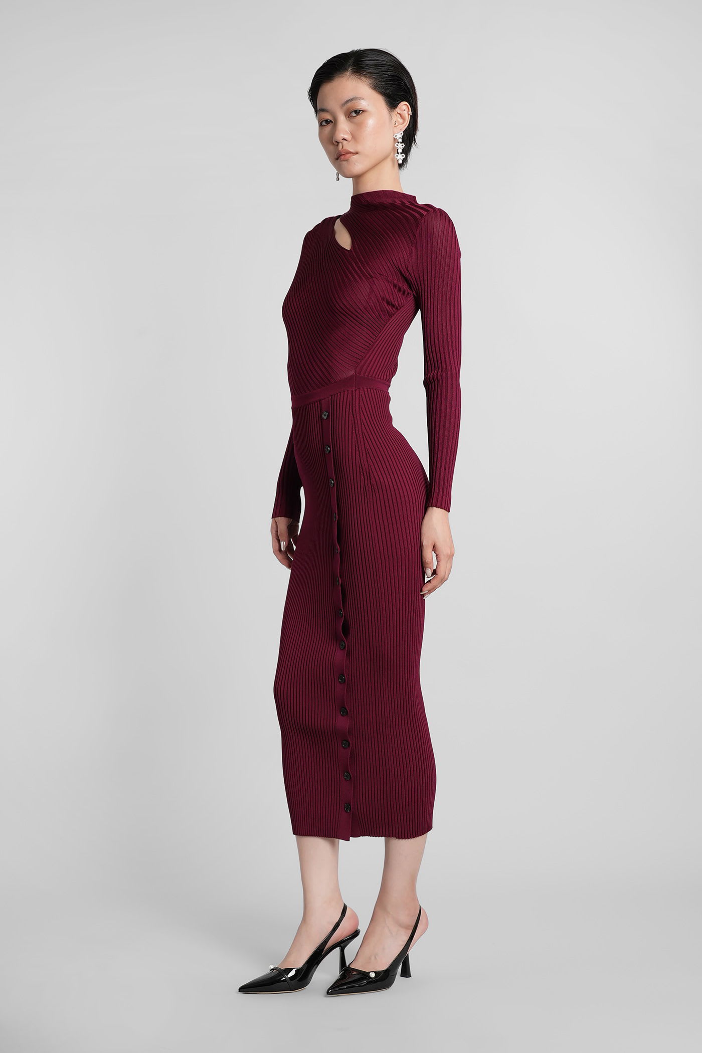 Self-portrait Burgundy Cut Out Tib Knit Midi Dress In Burgundy