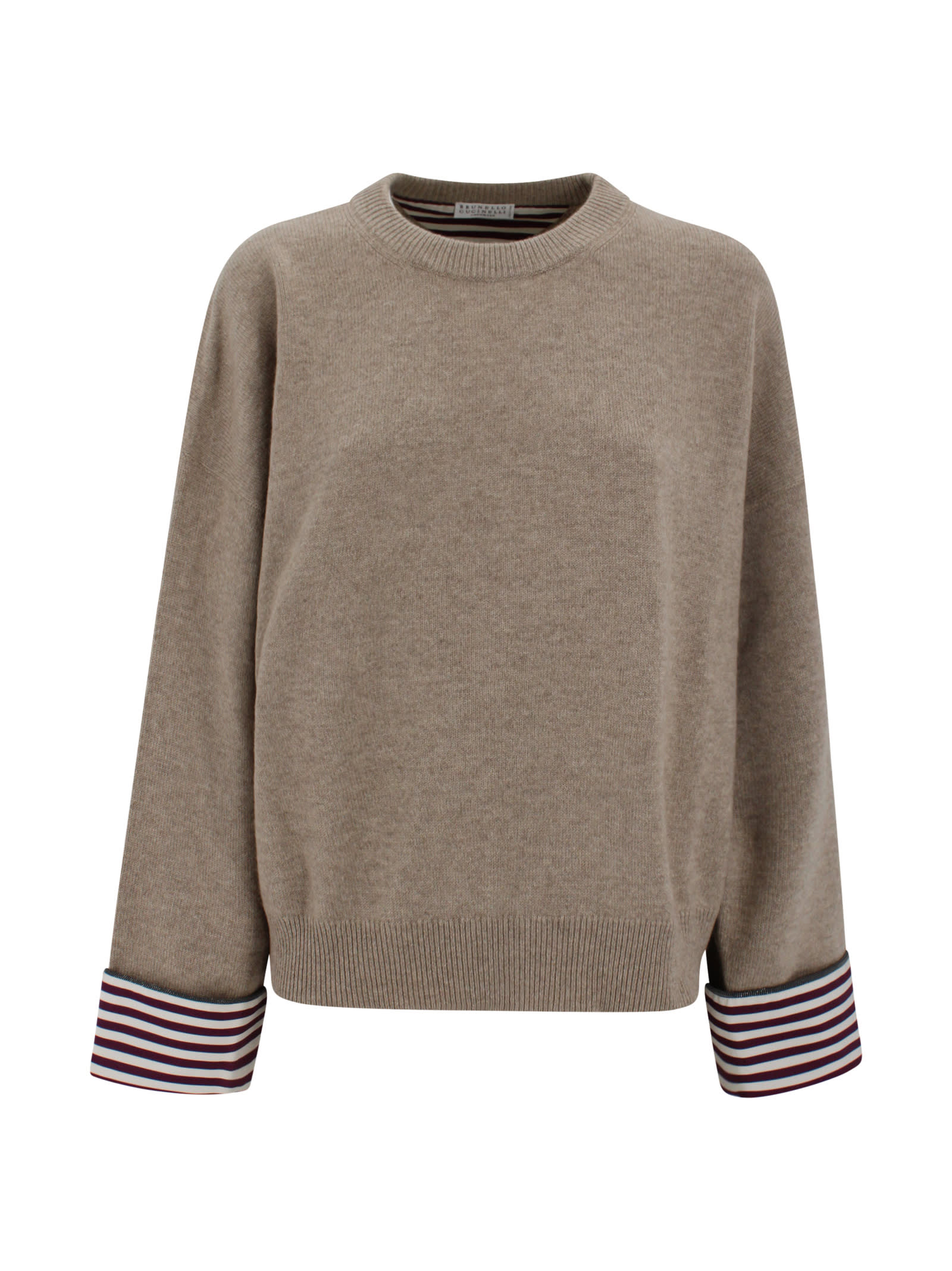 Brunello Cucinelli Cashmere Knit Jumper With Shirt Cuff Accents In Brown