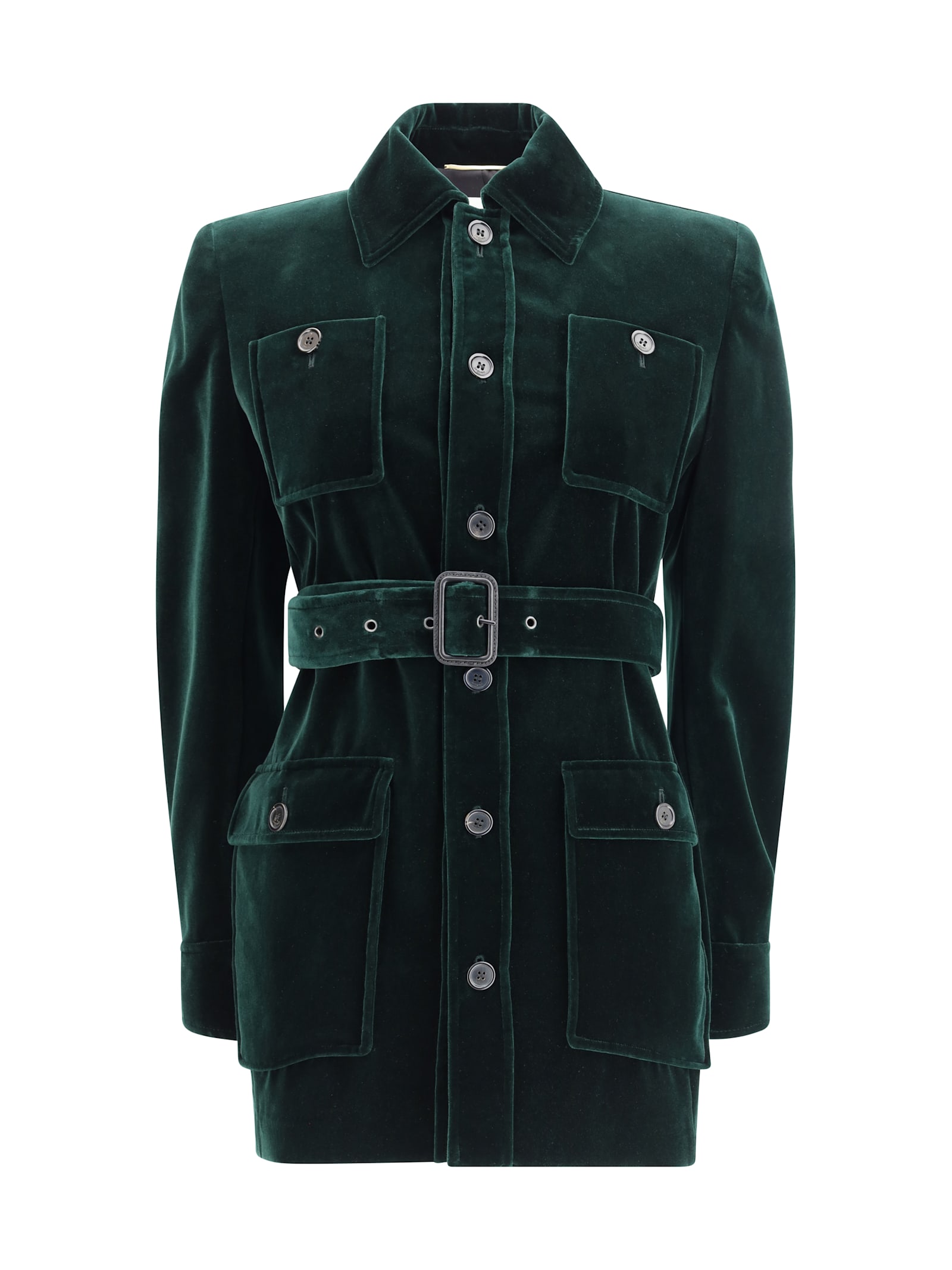 Saint Laurent Velvet Safari Jacket Belted Waist In Green