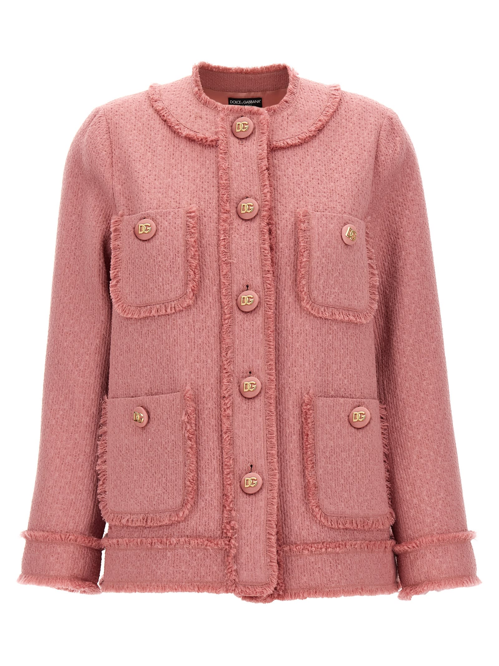 Dolce & Gabbana Rachel Tweed Single-breasted Collarless Jacket In Rosa Polvere
