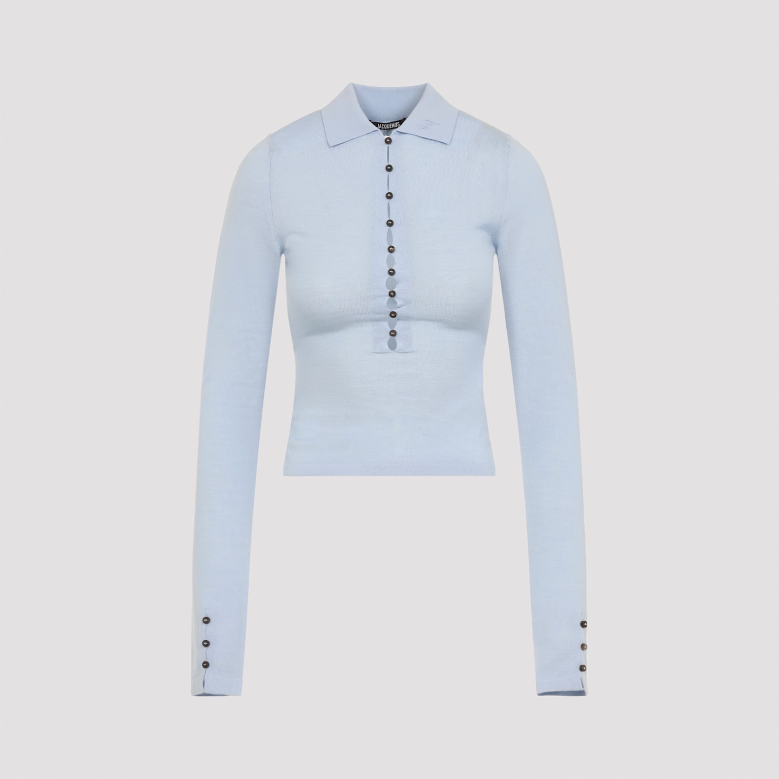 Jacquemus Long Sleeve Merino Polo With Button Detail In Blue