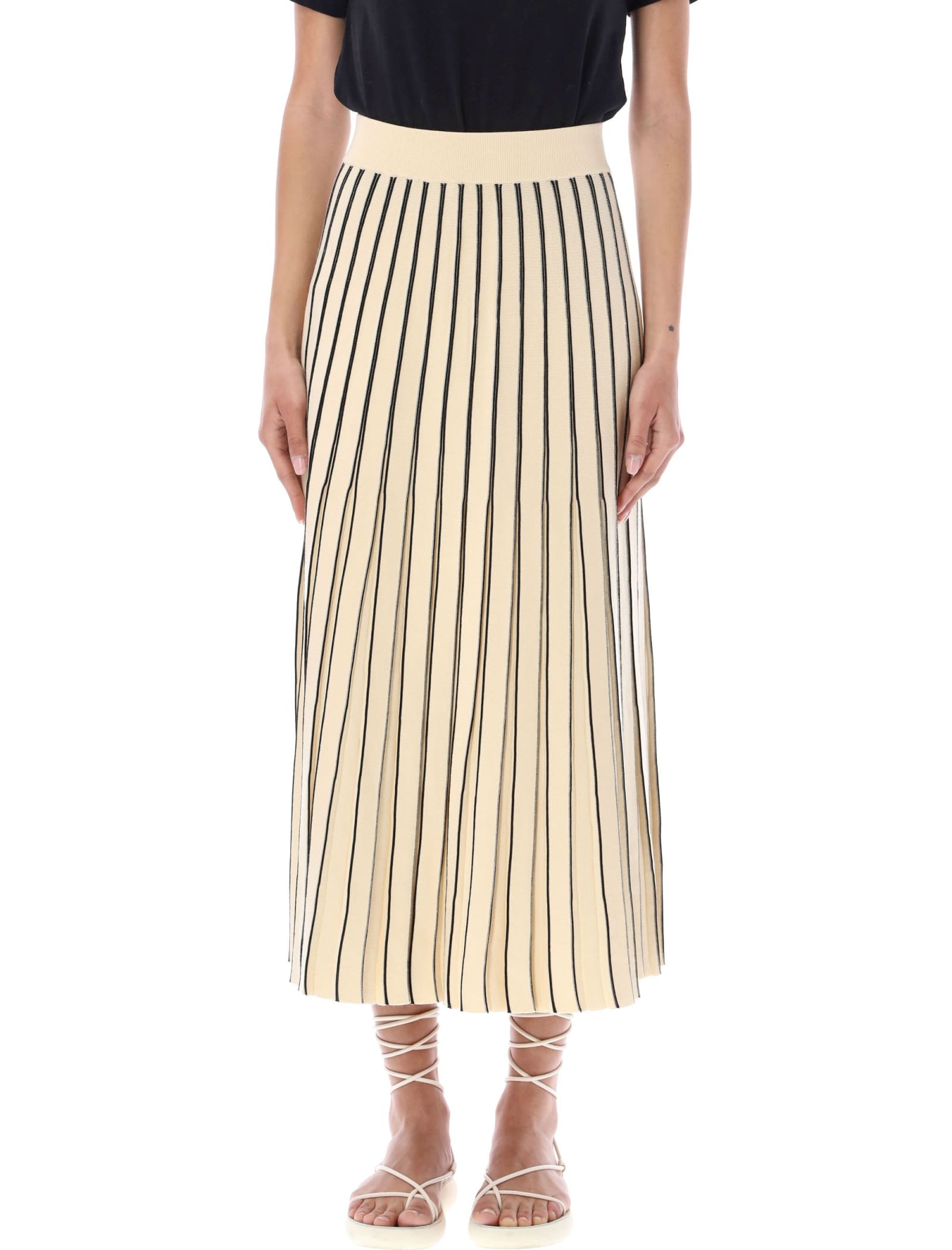 Tory Burch Striped Plaited-rib Pleated Skirt In Ivory Black | ModeSens