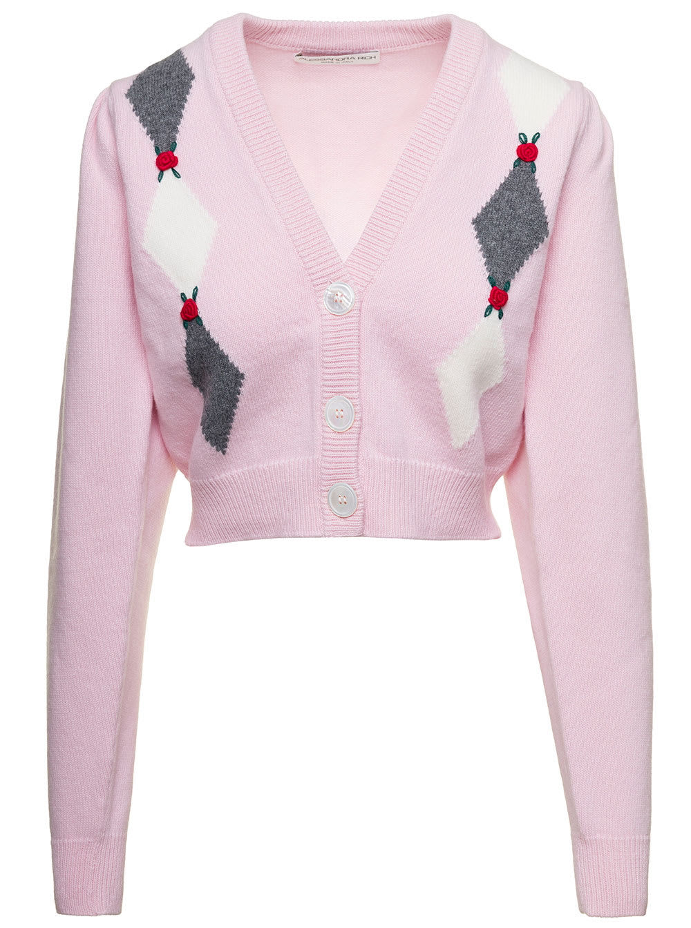 Shop Alessandra Rich Pink Cardigan With Diamond Motif And Embroidered Rose Detail In Wool Woman