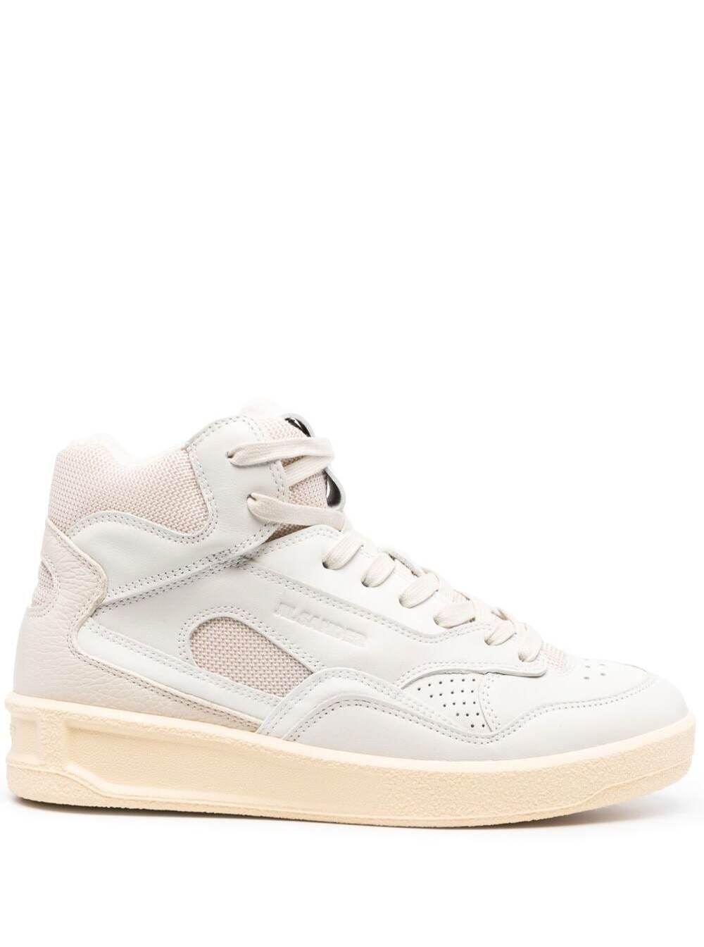 Shop Jil Sander Beige High-top Sneakers With Leather Inserts And Embossed Logo In Canvas Woman