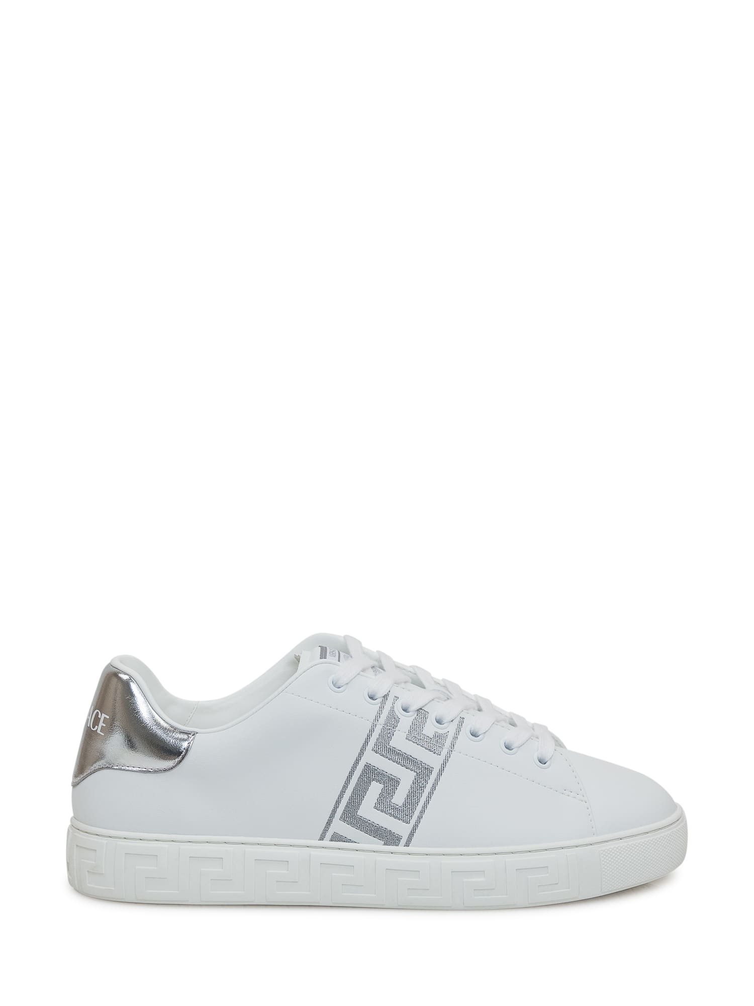 Shop Versace Greek Sneaker Embroidered In White Silver