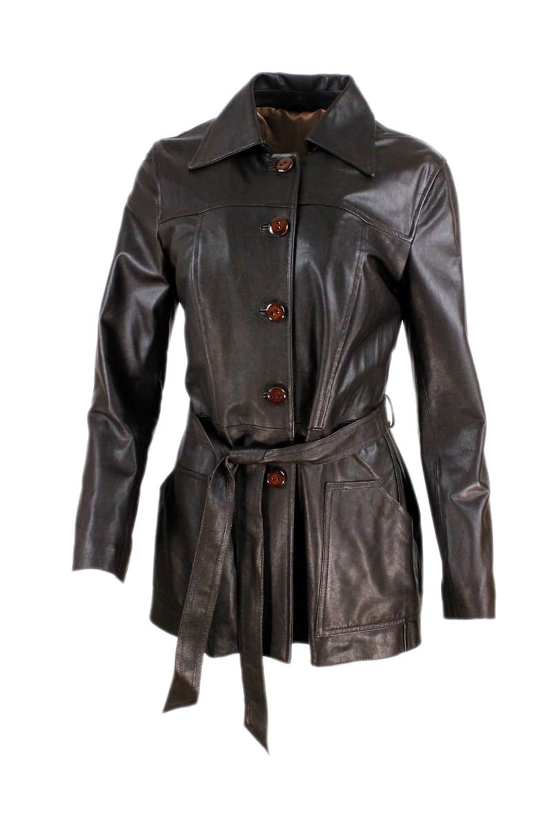 Barba Napoli Three-quarter Length Leather Jacket With Belt And Button Closure.