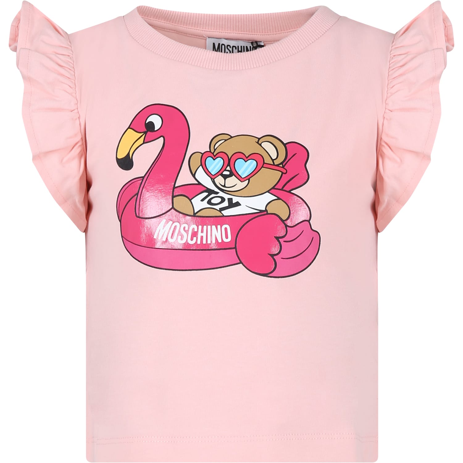 Moschino Kids' Pink T-shirt For Girl With Teddy Bear And Flamingo