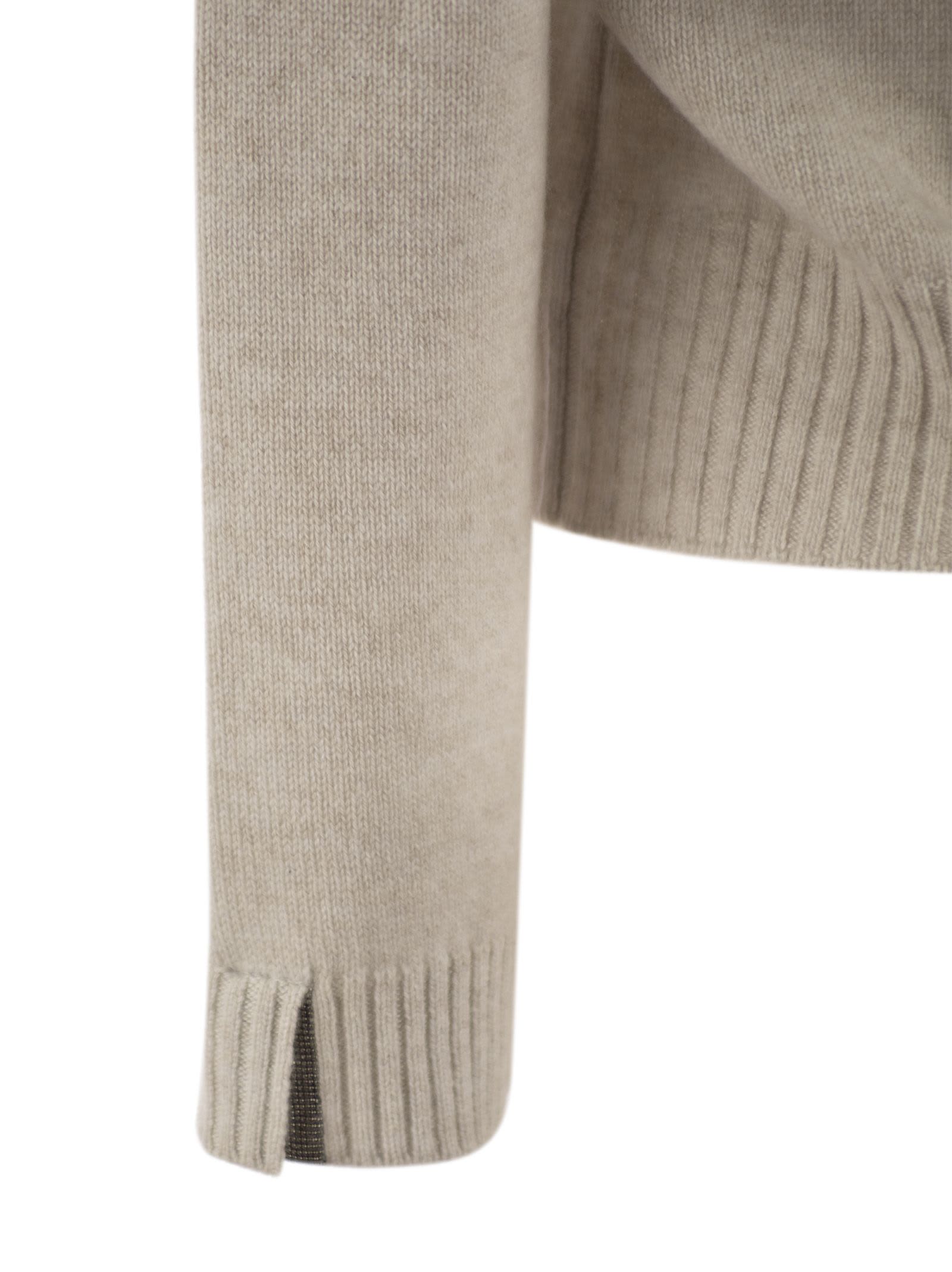 Shop Brunello Cucinelli Cashmere Sweater With Shiny Cuff Details In Pearl