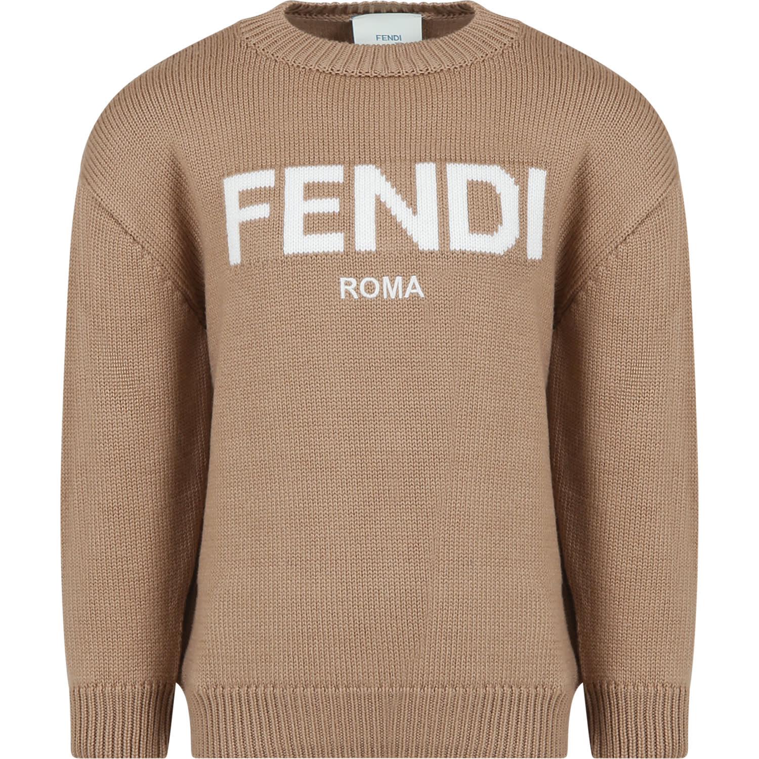 Fendi Camel Sweater With Logo For Kids In Brown