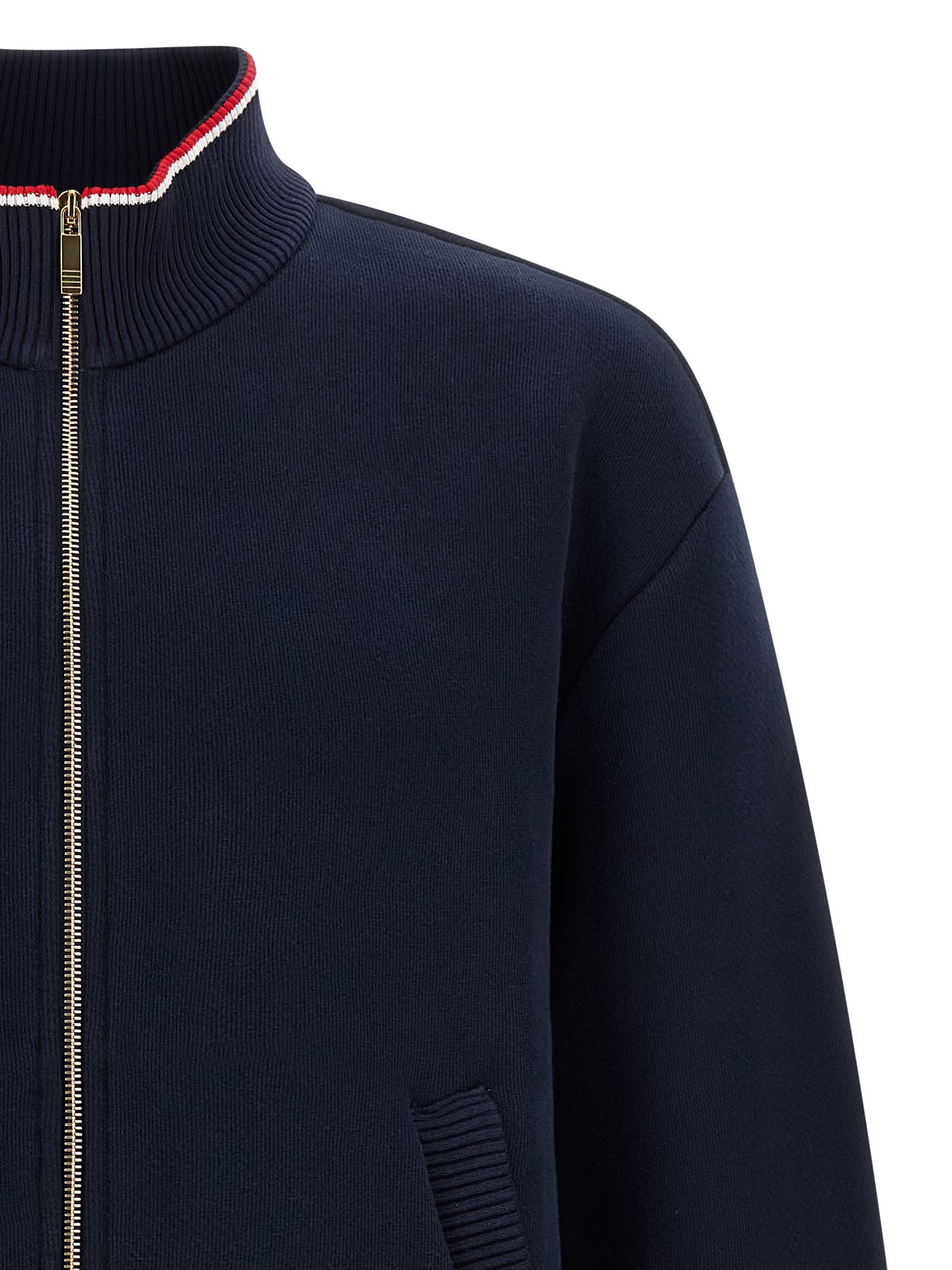 Thom Browne Chunky Loopback Jacket With Rwb Tipping Stripe In Blue