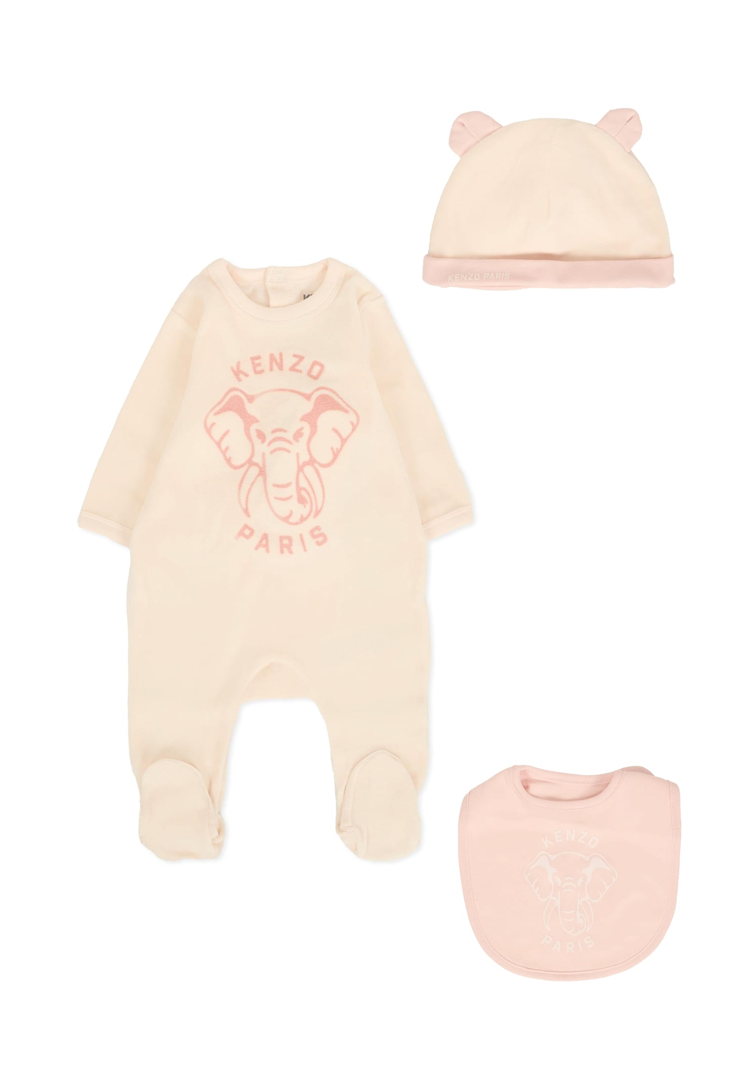 Kenzo Pink Babygrow Set For Baby Girl With Elephant In Neutral