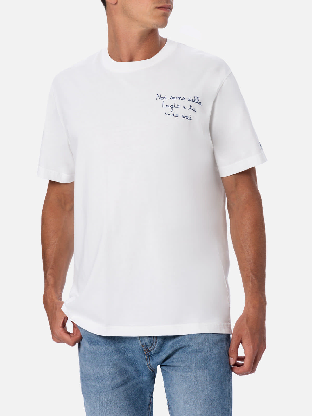 Shop Mc2 Saint Barth Man Cotton T-shirt With Lazio Embroidery Ss Lazio Special Edition In Blue