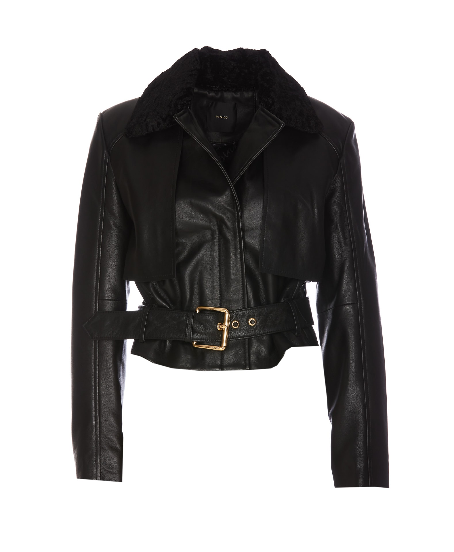 Pinko Cropped Leather Jacket With Asymmetrical Zip In Black