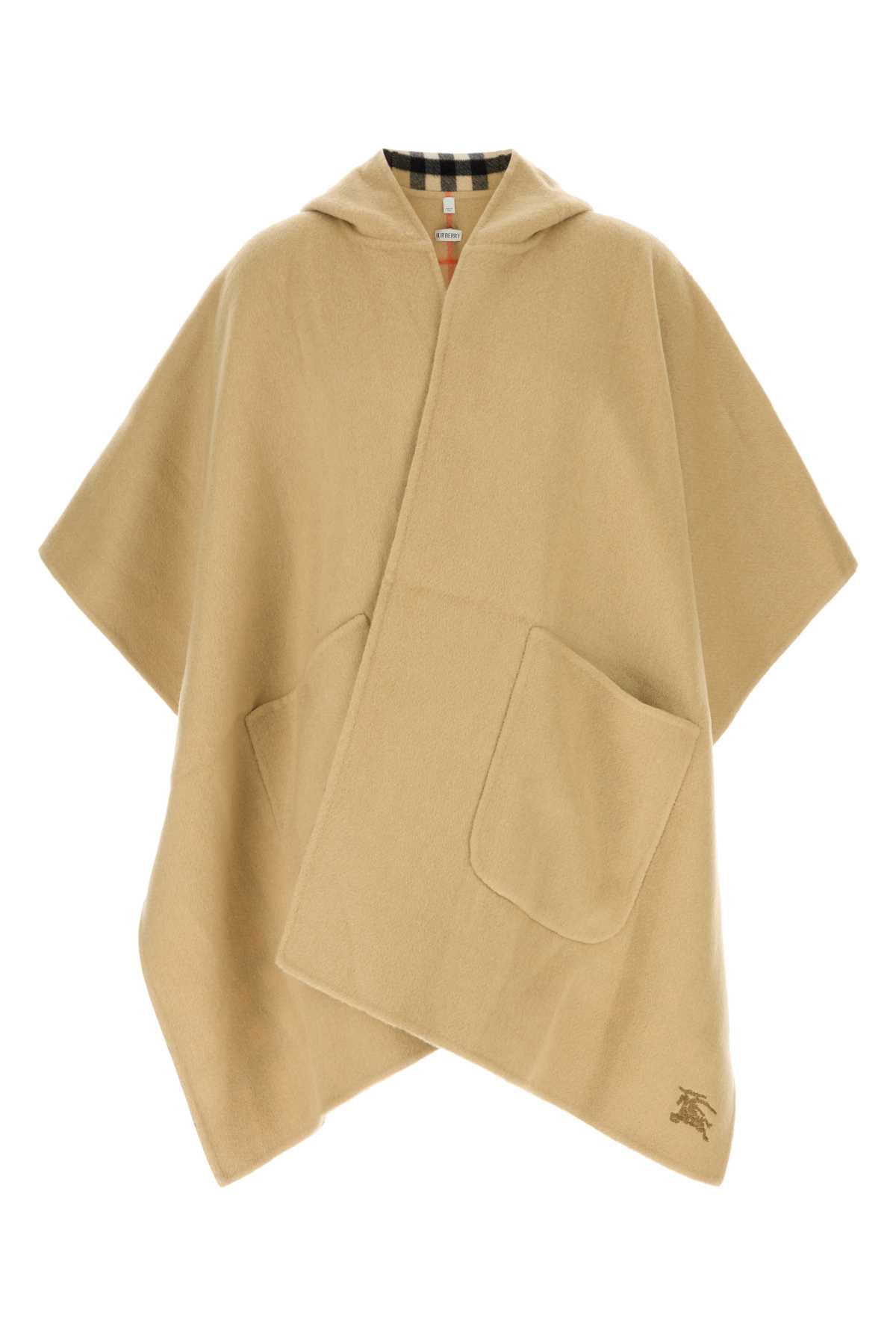 Burberry Cashmere Reversible Cape With Hood And Front Pockets In Brown