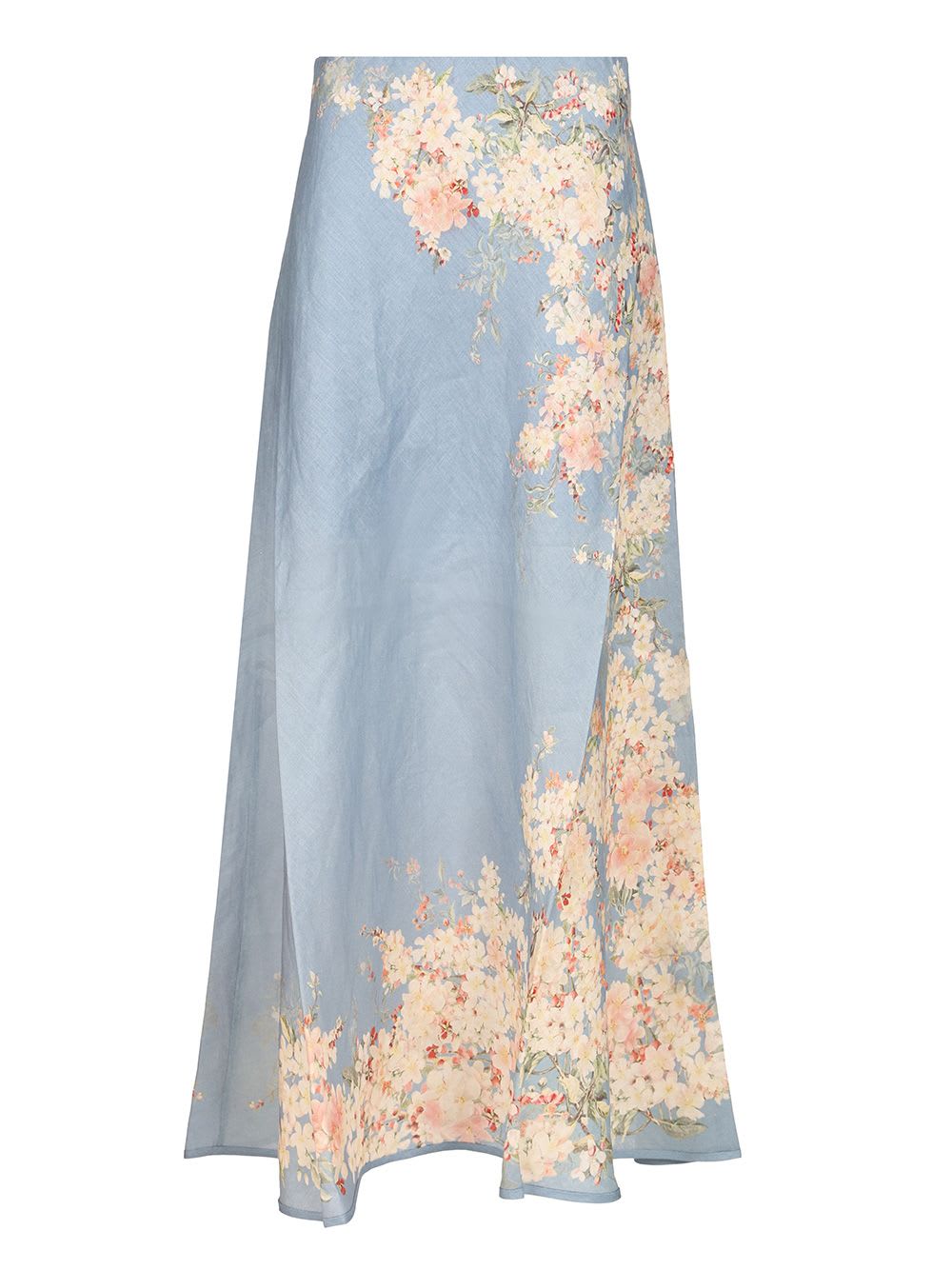 Zimmermann Womens Teal Blue Botanical Cascadian Bias Floral Linen Midi Skirt In Blue