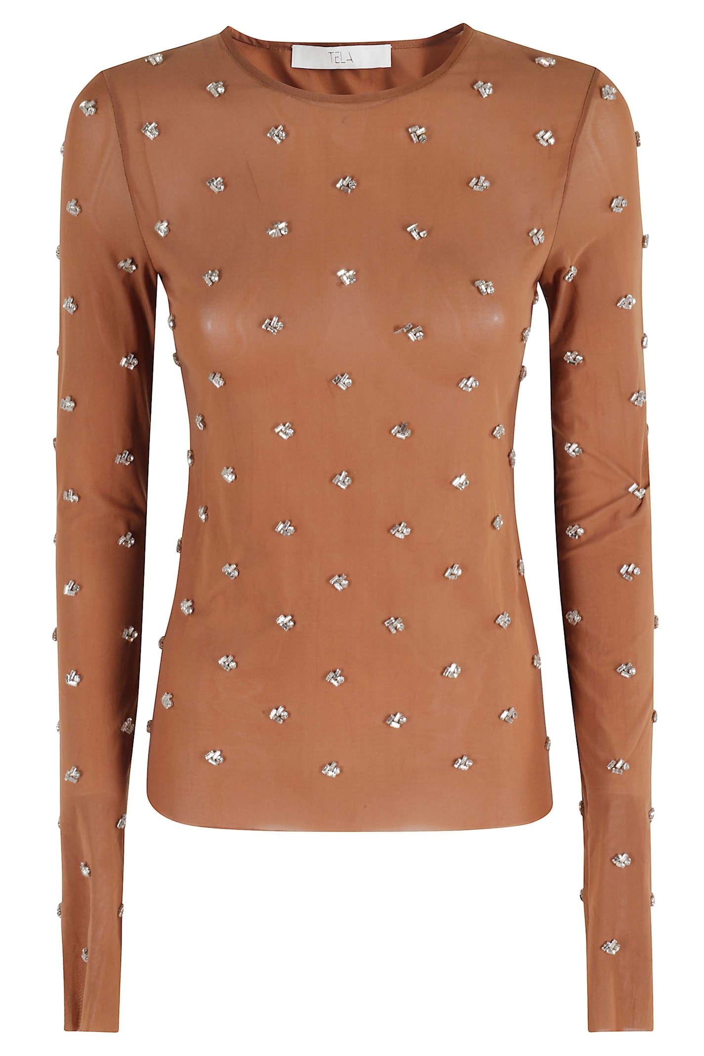 Tela Elegant Long-sleeved Sweater With Rhinestone Application In Brown