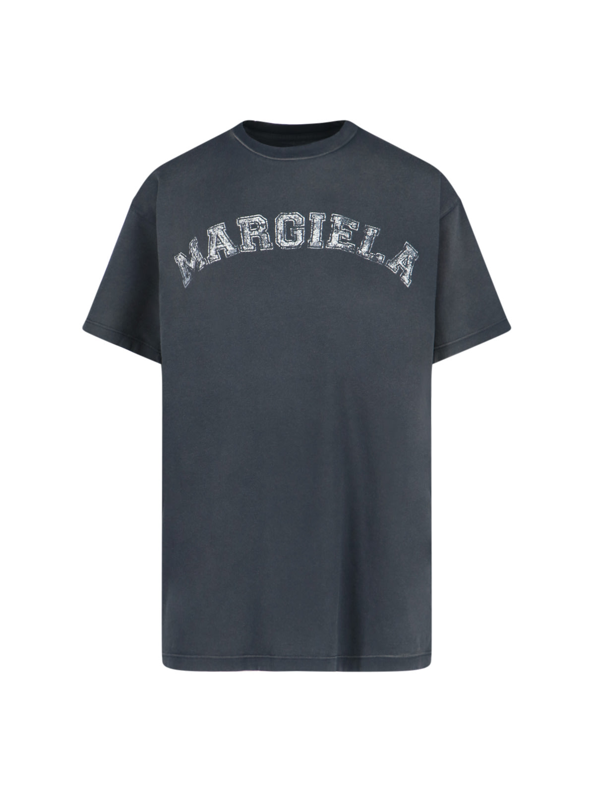 Maison Margiela Blue Crewneck T-shirt With Logo Lettering Print In Cotton Woman