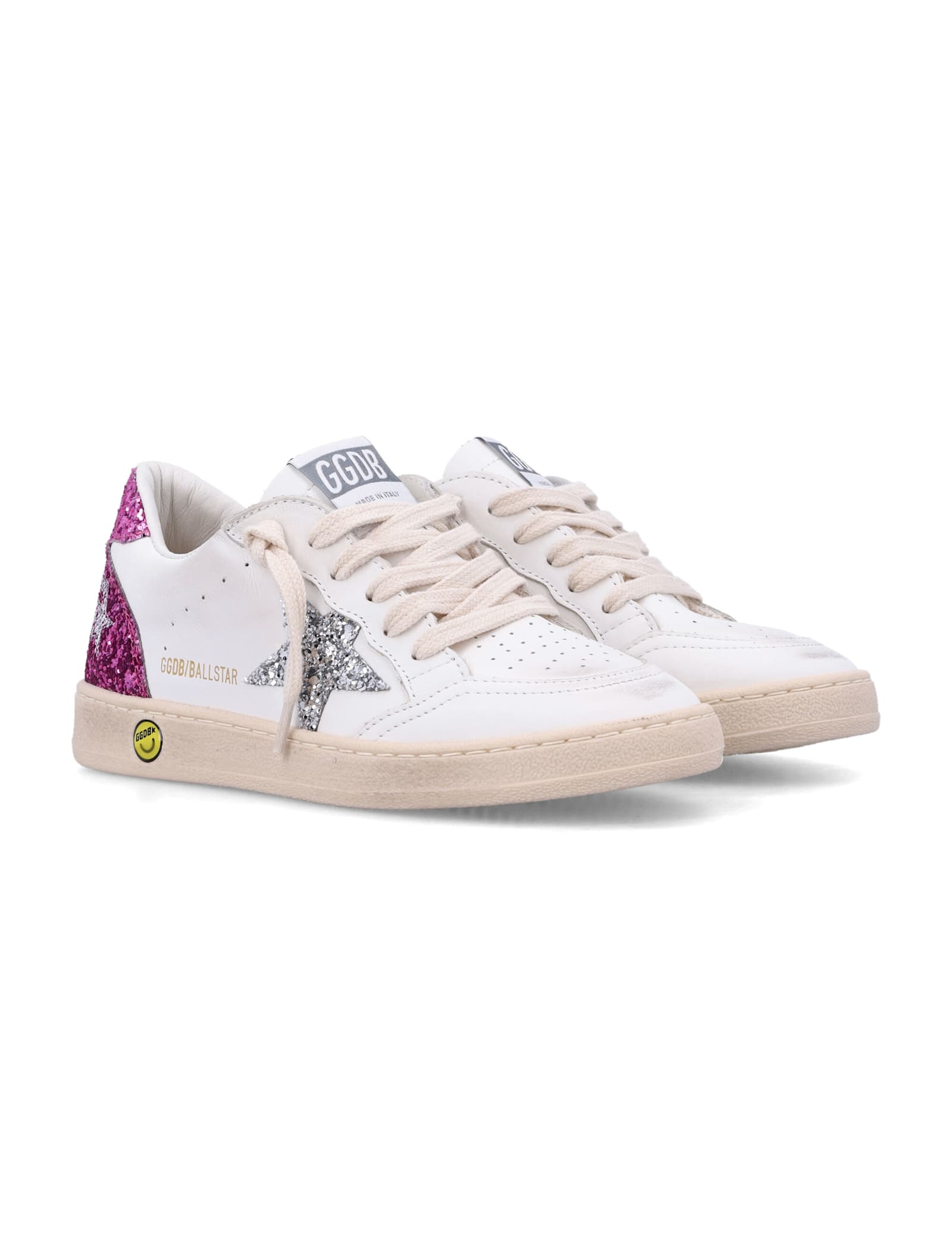 Golden Goose White Leather Ball Star Sneakers With Silver/pink Glitter In White