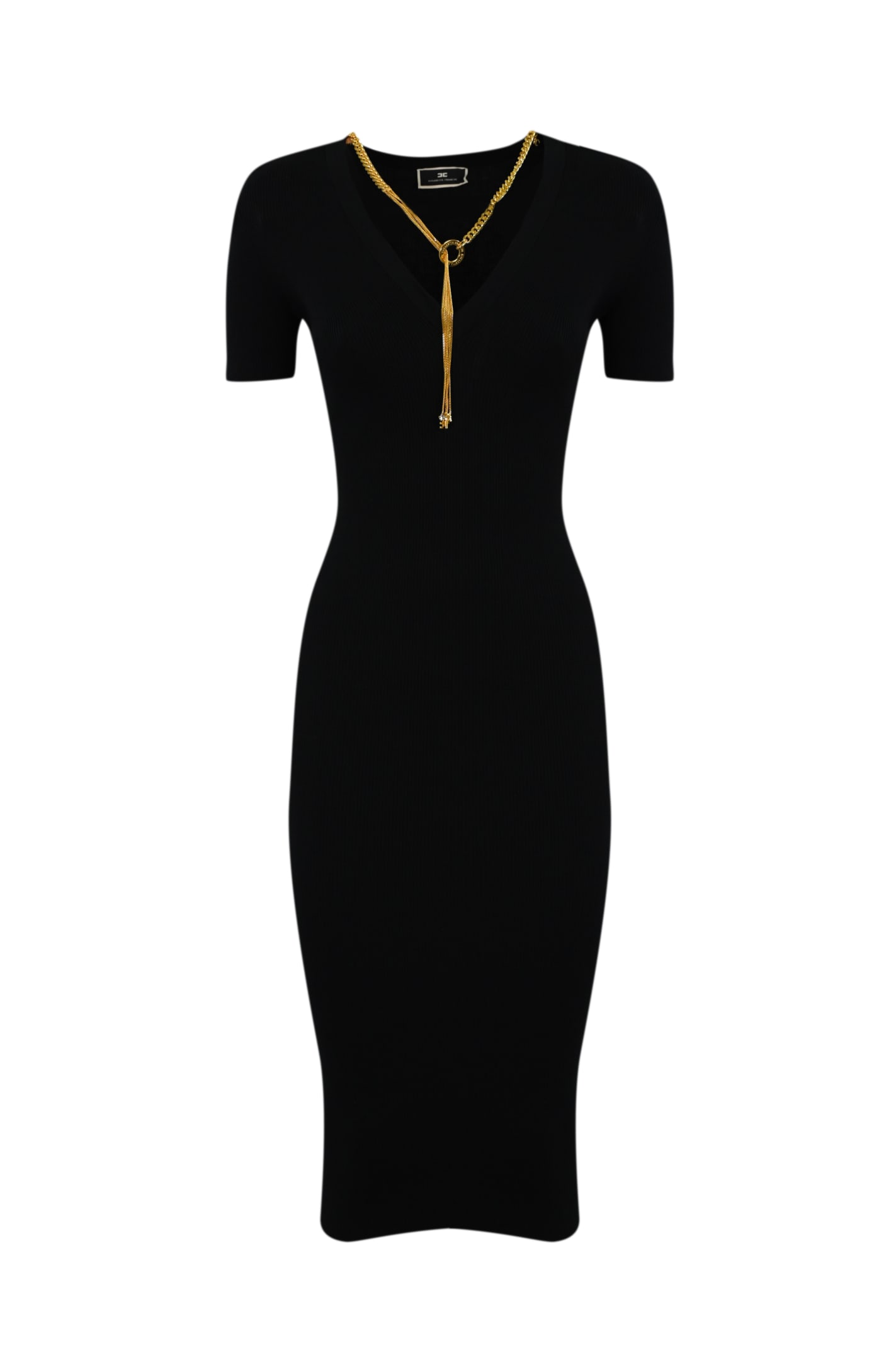Shop Elisabetta Franchi Ribbed Midi Dress With Necklace In Nero