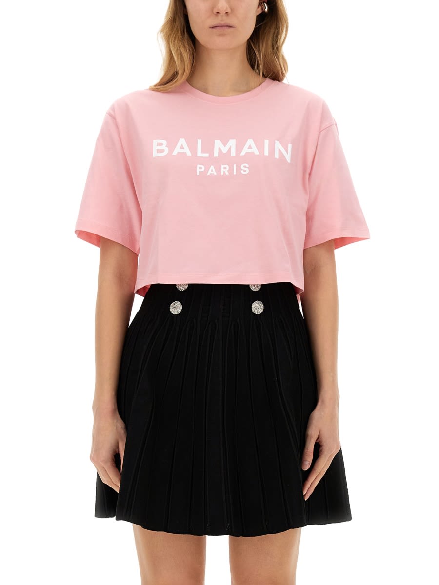 Balmain Logo Print Cropped T-shirt In Pink