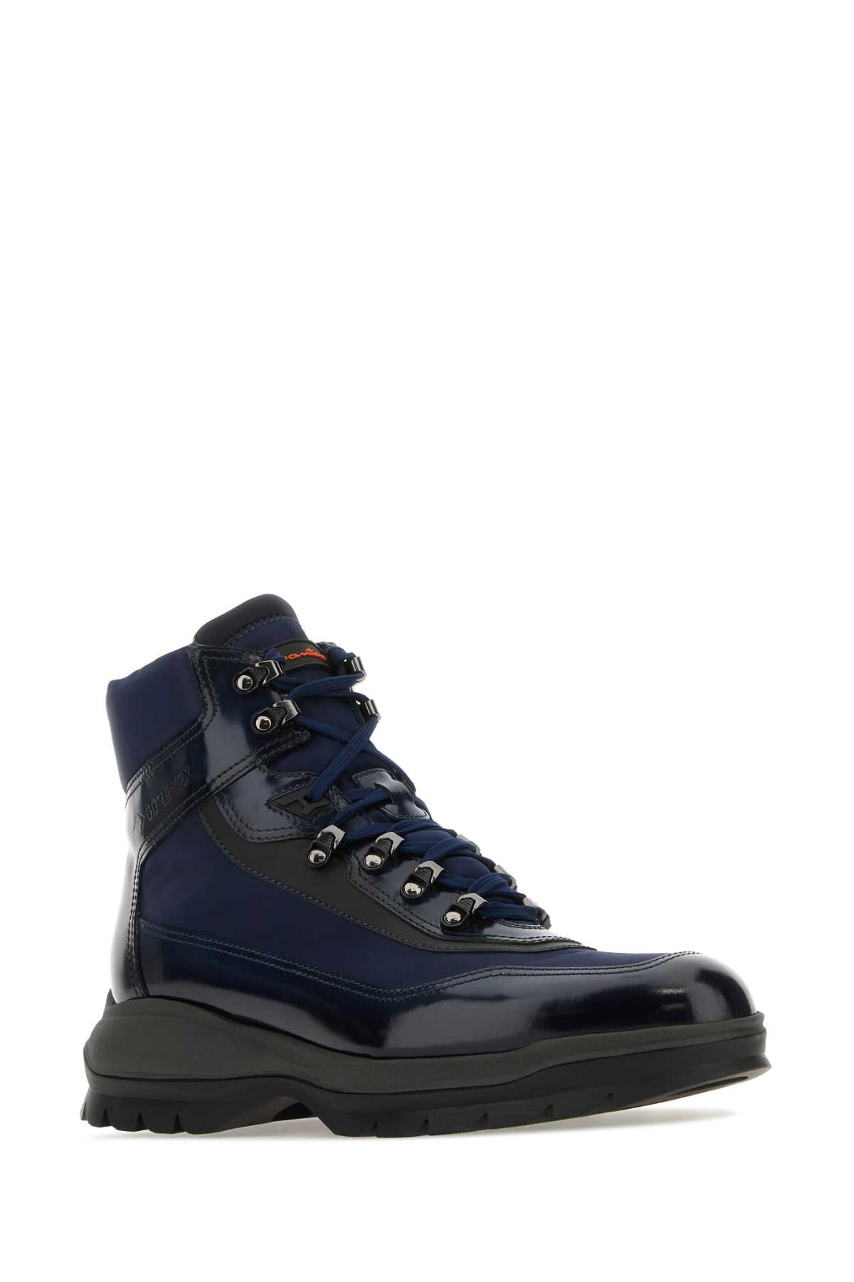 Santoni Two-tone Leather And Fabric Ankle Boots In Blue