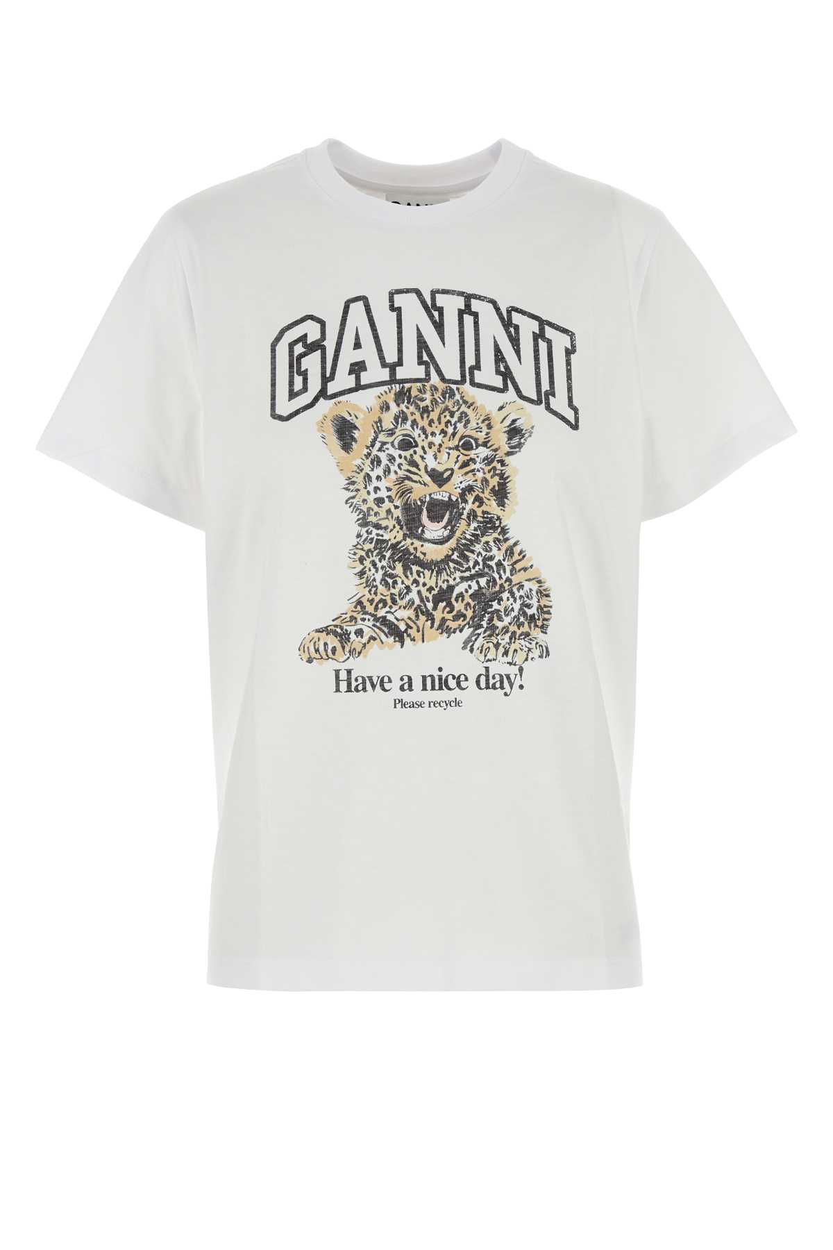 Ganni Women White Crewneck T-shirt With Maxi Logo On The Front In Cotton Woman In Multi