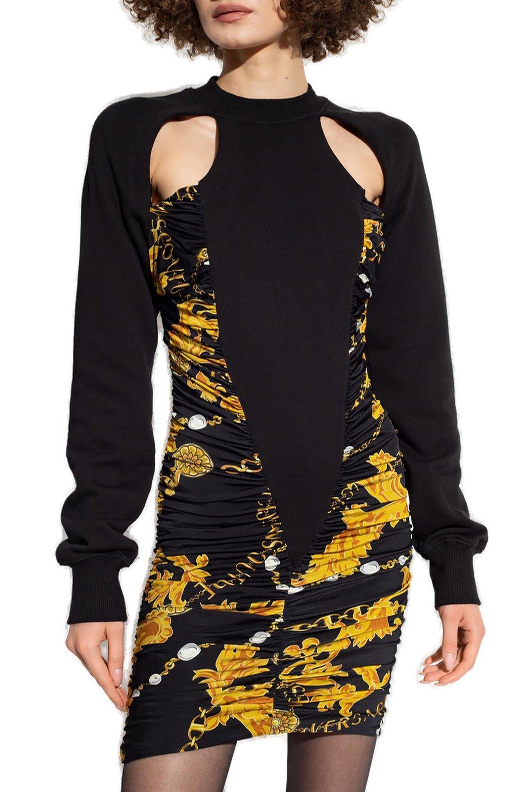 Versace Jeans Couture Logo-print Cut-out Ruched Minidress In Black/gold