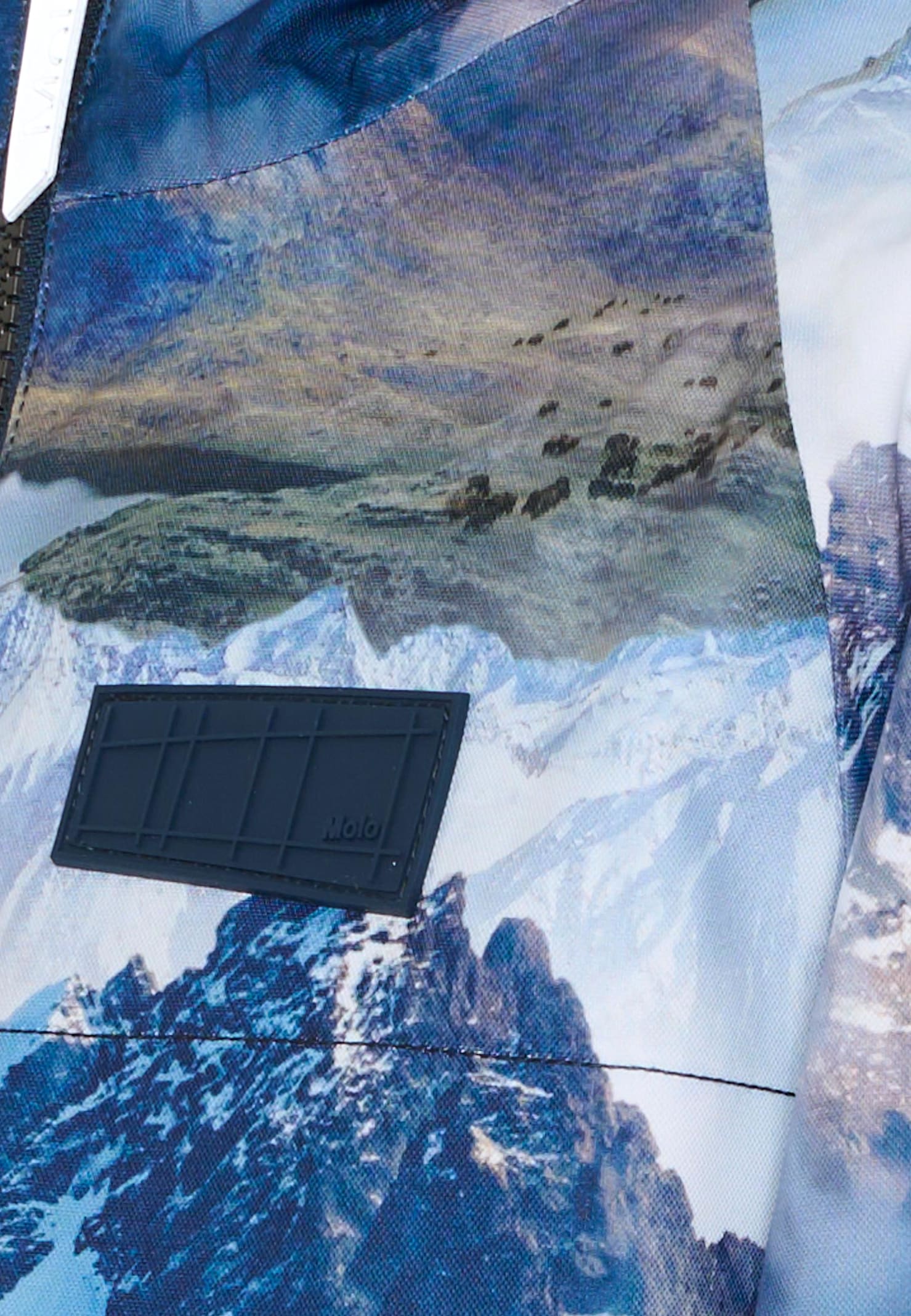 Molo Blue Down Snow Jacket For Boy With Mountain Print In Blue