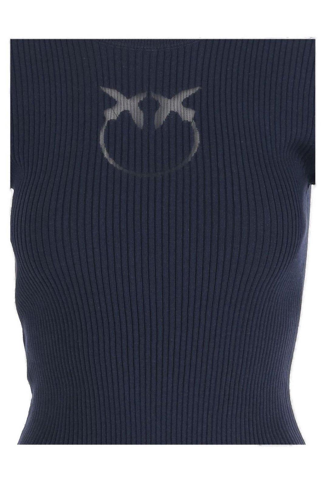 Pinko Crewneck Embroidered Tritone Ribbed Short Sleeves Sweater In Blue