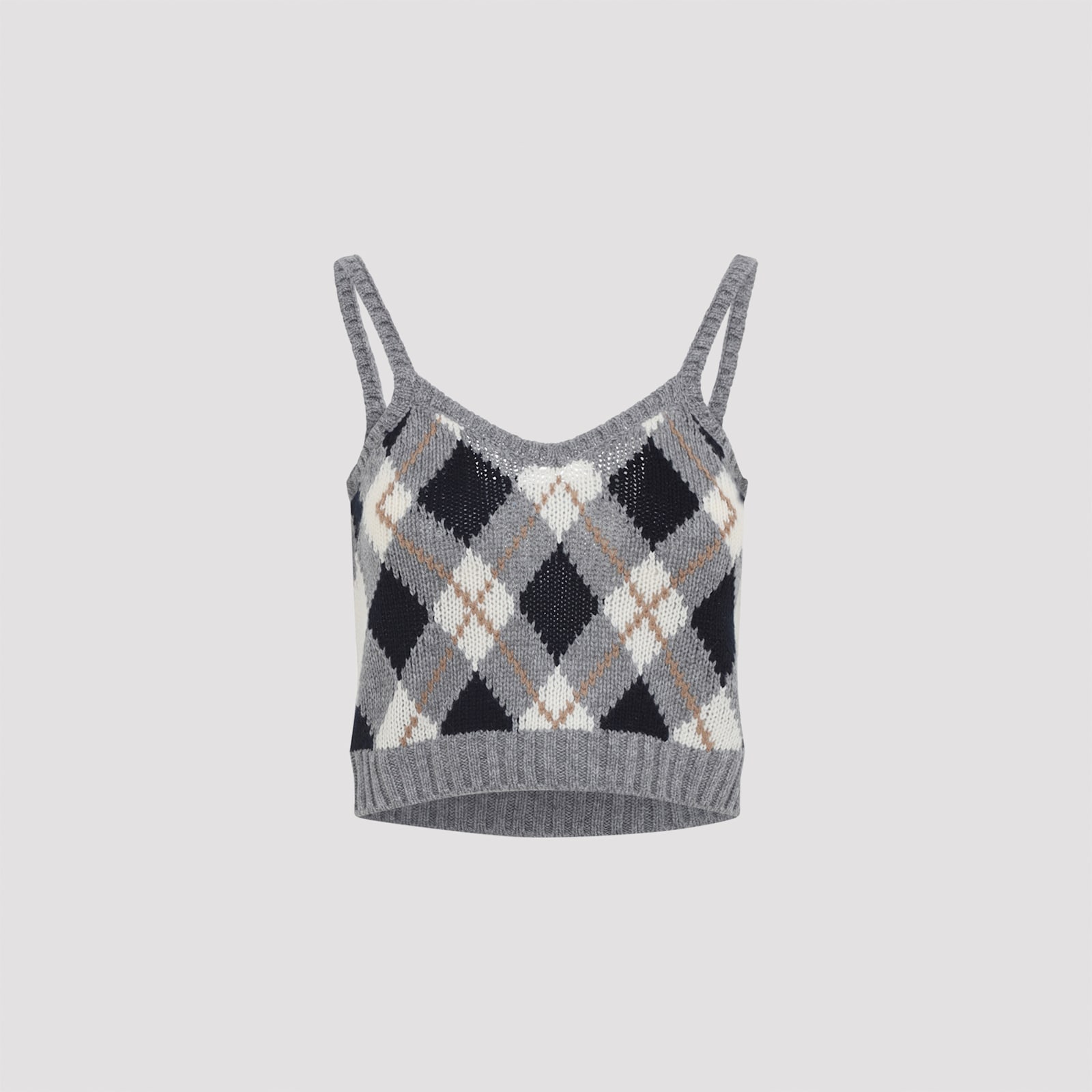 Prada Sleeveless Cropped Knit Argyle Tank Top In Gray