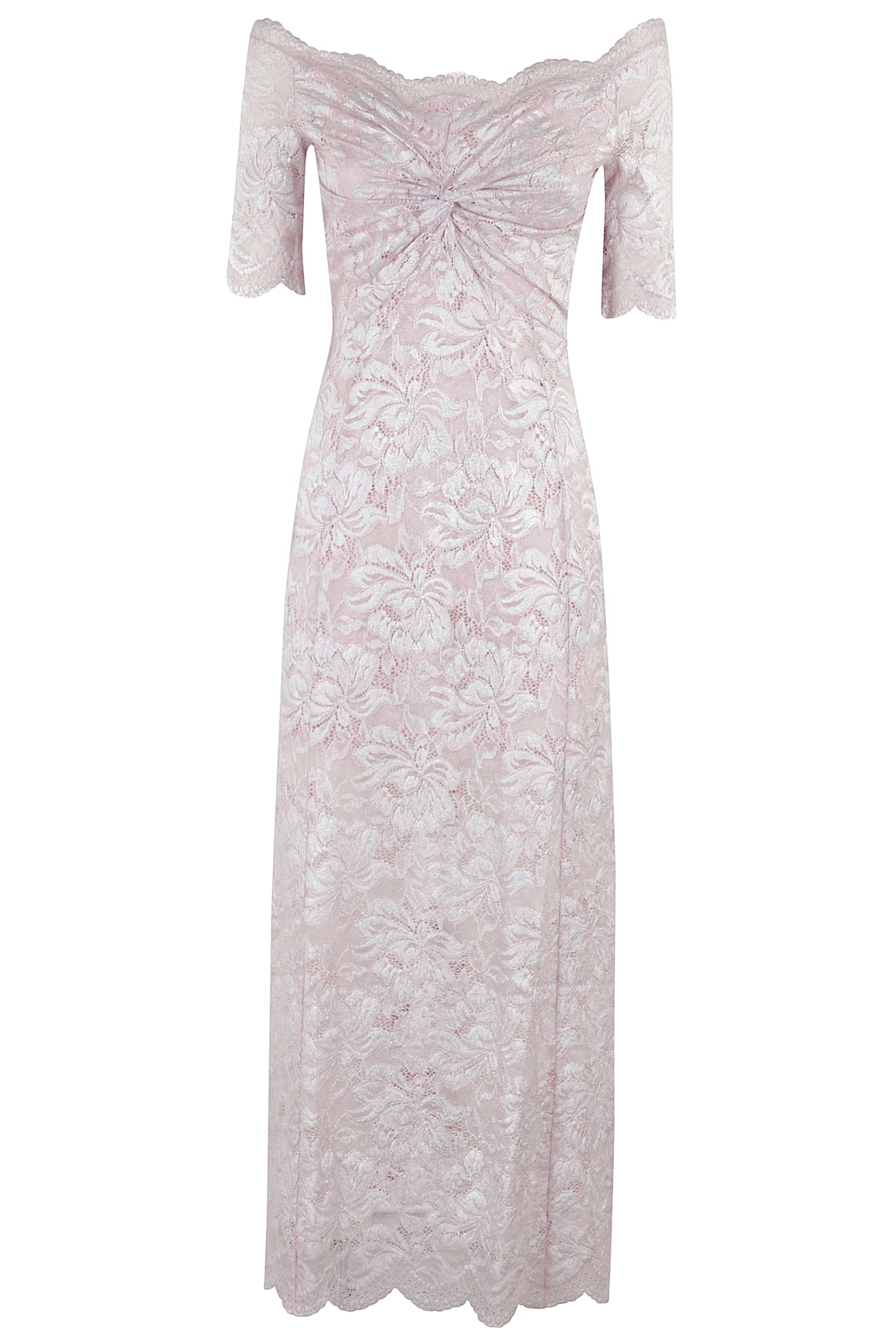 Rabanne Fitted Off-the-shoulder Lace Midi Dress With Silver Accents In Powder Pink Silver