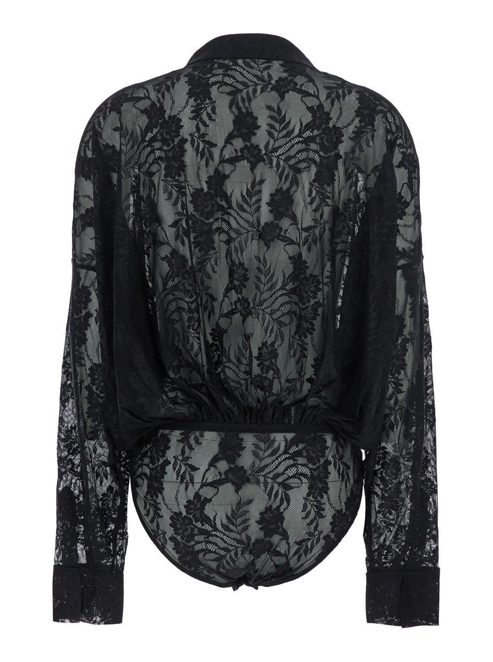 Norma Kamali Black Bodysuit With Plunging V Neck And All-over Floral Embroidery In Tech Fabric Stretch Woman In Black